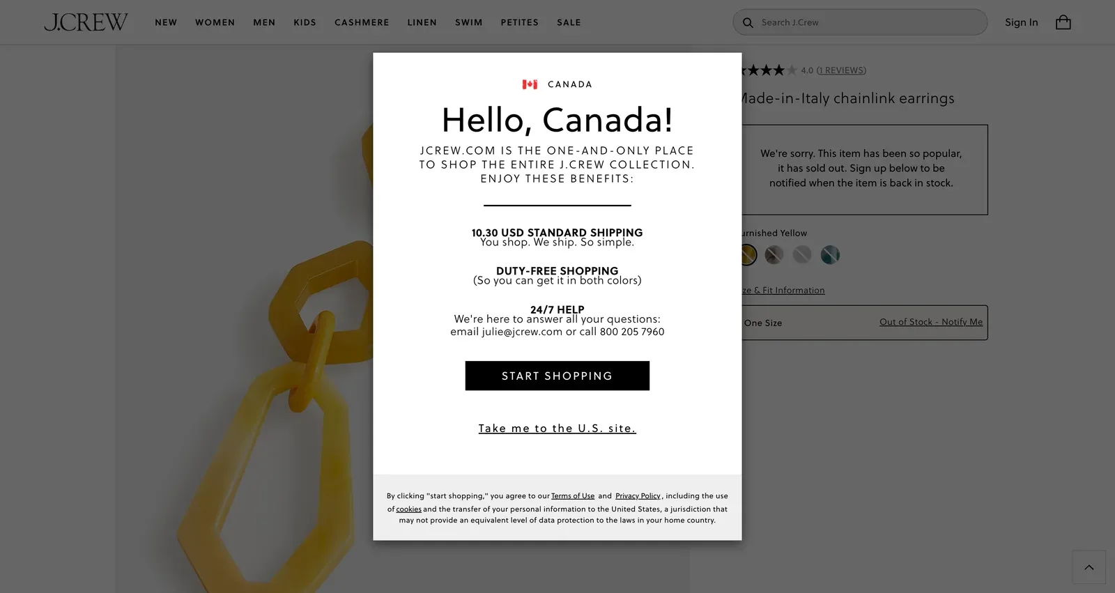 J.Crew product page showing a Sold Out notice alongside the size selector