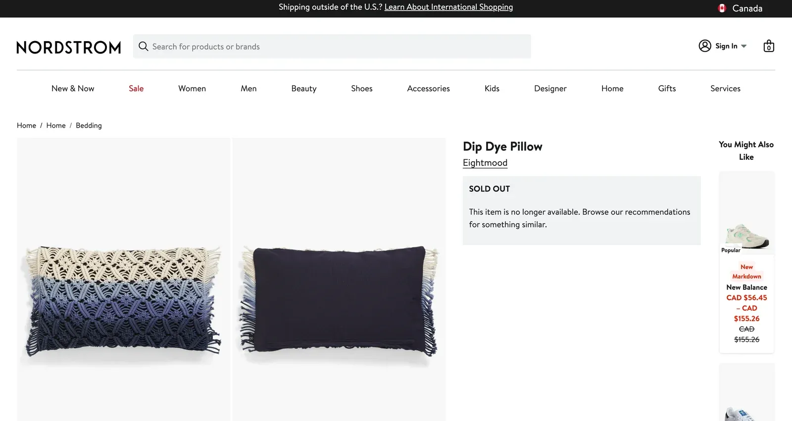 Nordstrom product page showing a SOLD OUT notice