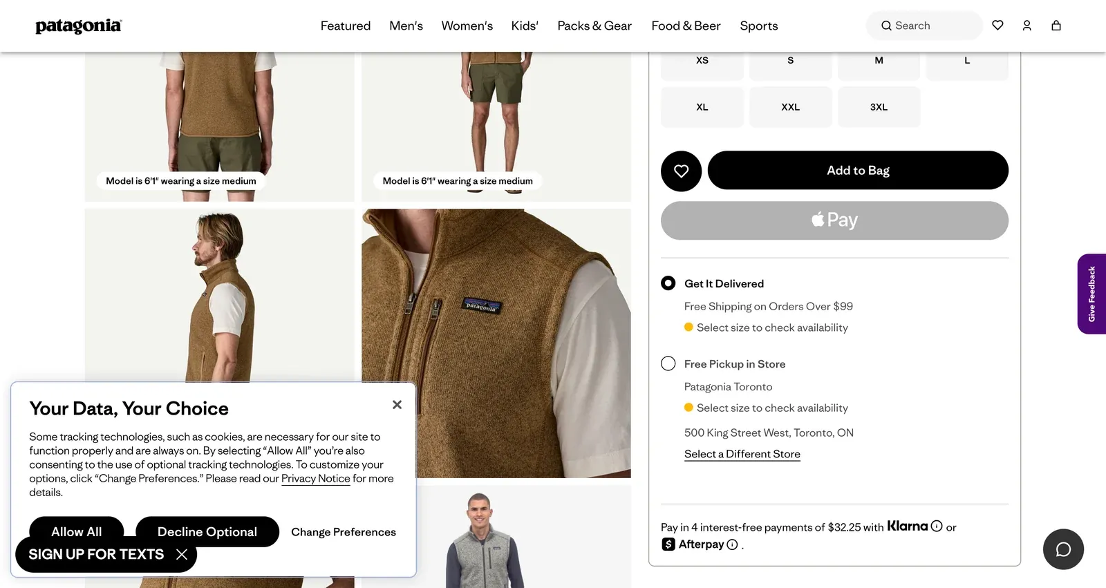 Patagonia product page with some sizes shown as unavailable in the size selector