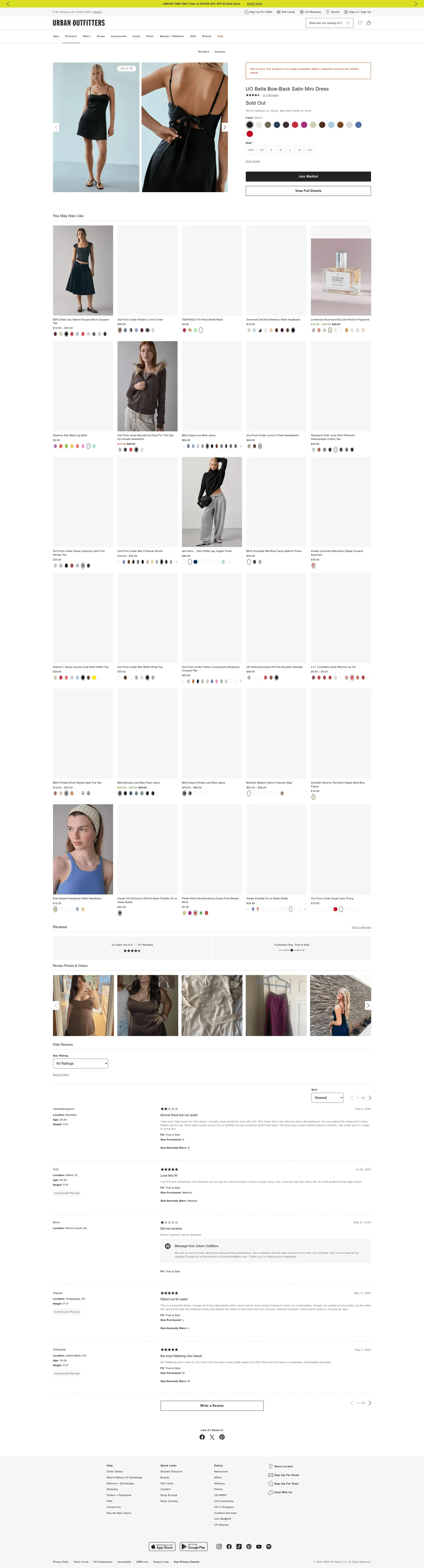 Urban Outfitters product page showing sold-out indicators on size and color options