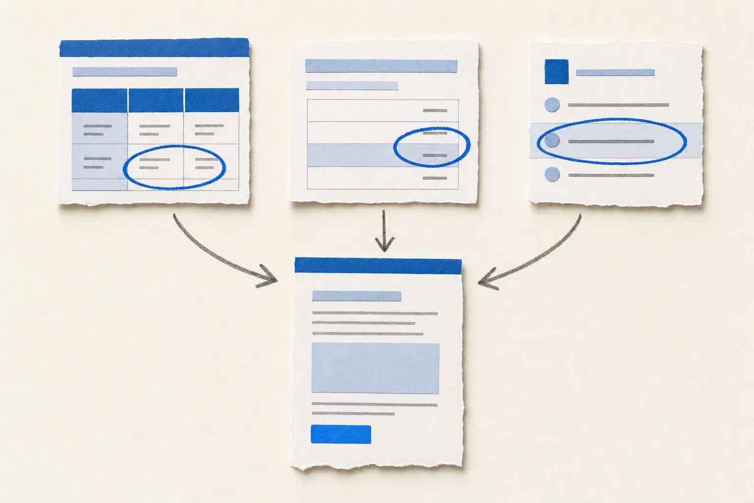 Three monitored webpage sections feeding evidence into a single competitive analysis document
