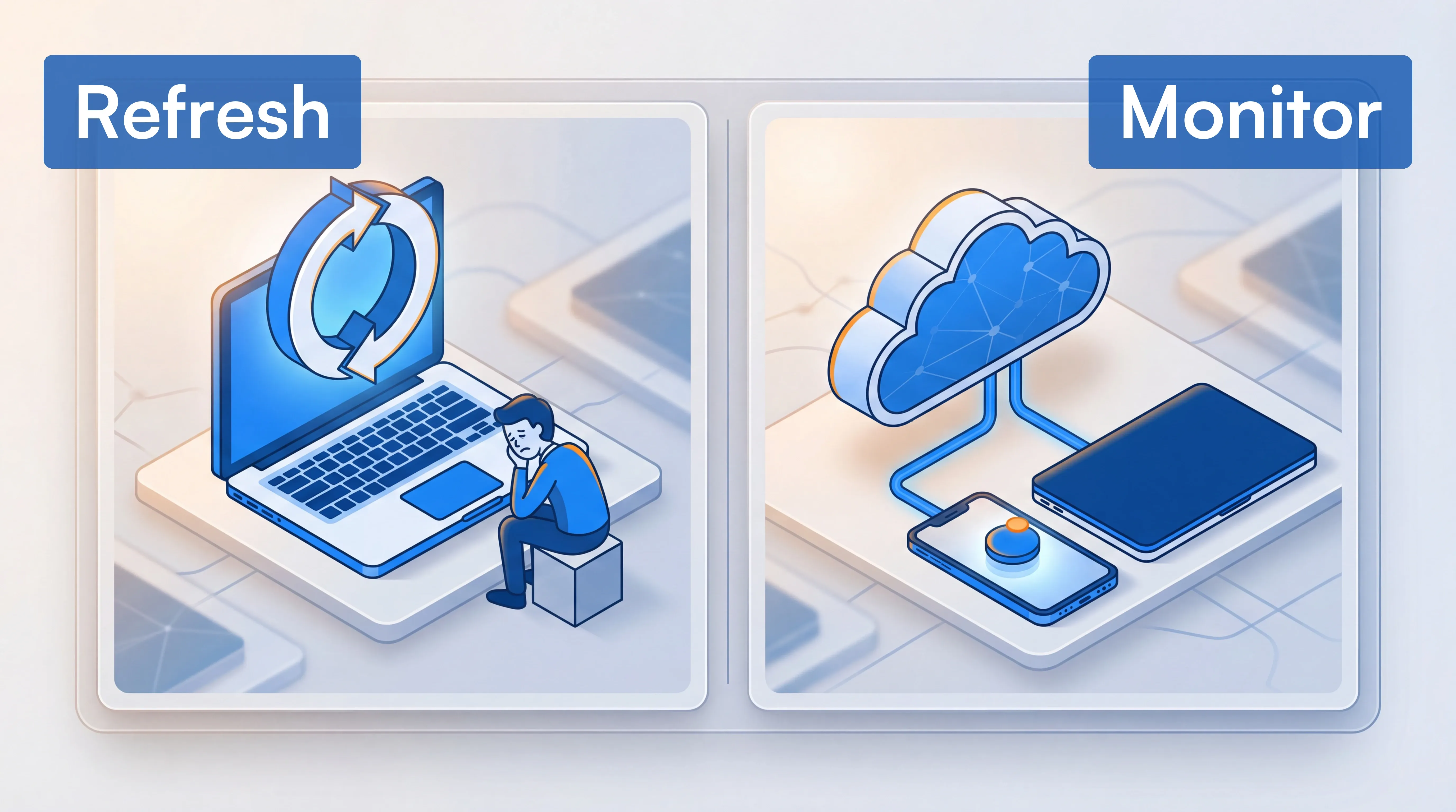 Two-column comparison of manual page refreshing versus automated monitoring