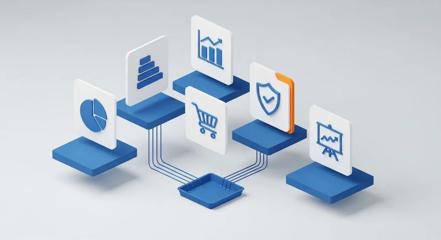Five report cards on isometric platforms showing competitive compliance pricing and executive use cases