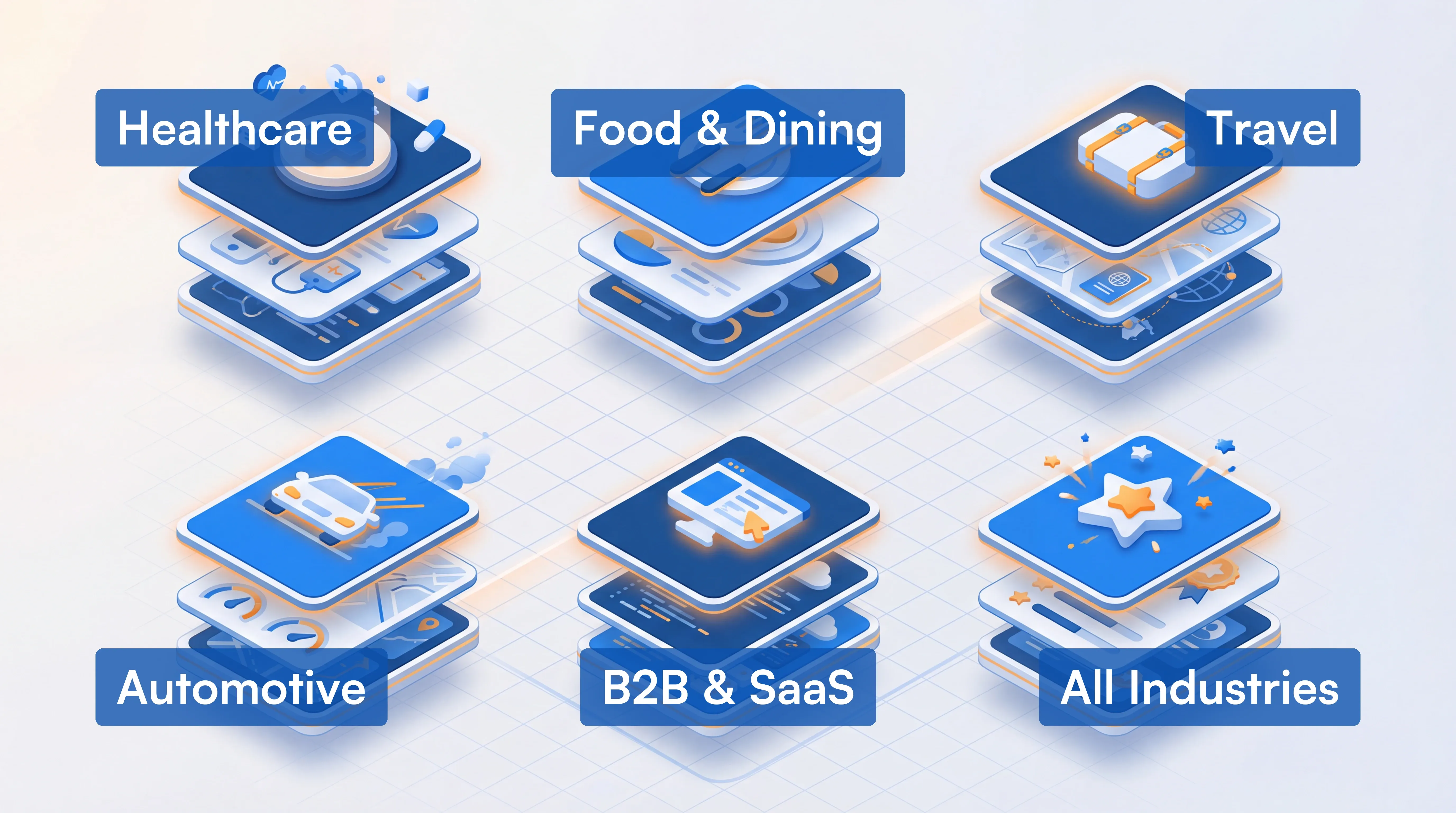 Isometric grid of industry-specific review platform cards organized by sector