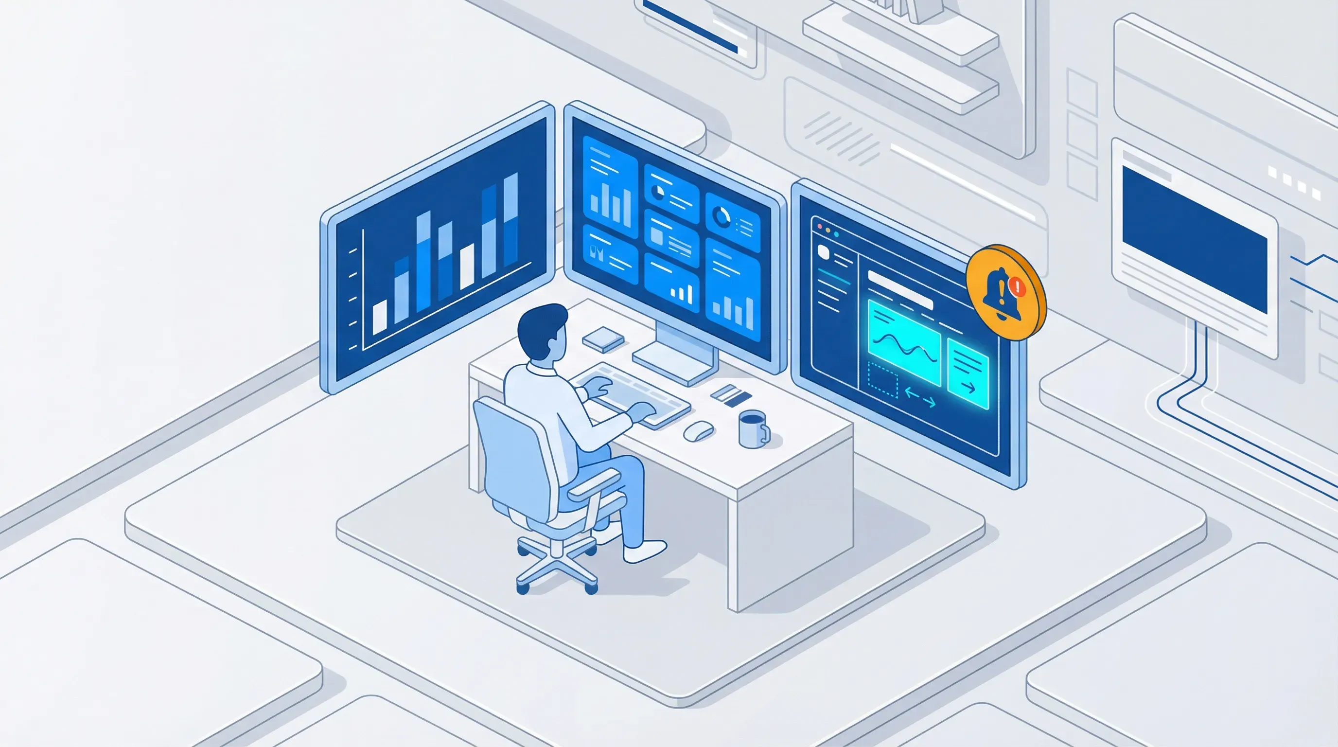 RevOps professional at desk with multiple intent data dashboards and website change alert