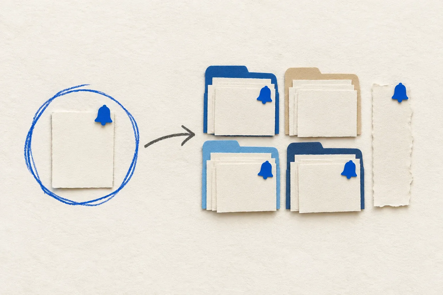 Cut-paper collage of one circled page card with a bell and an arrow to four folders of page cards with bells