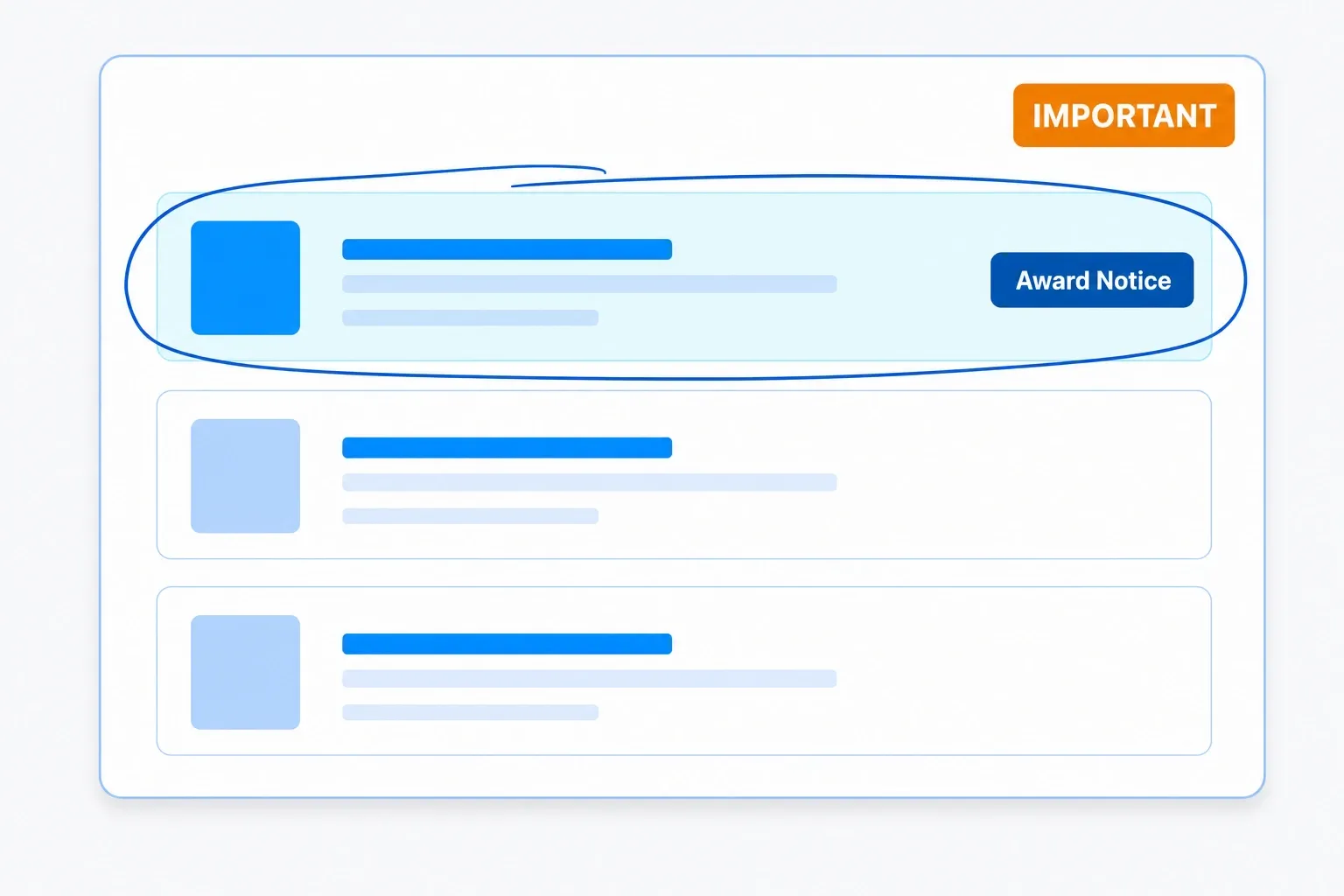 Monitoring dashboard highlighting a new SAM.gov award notice flagged as important