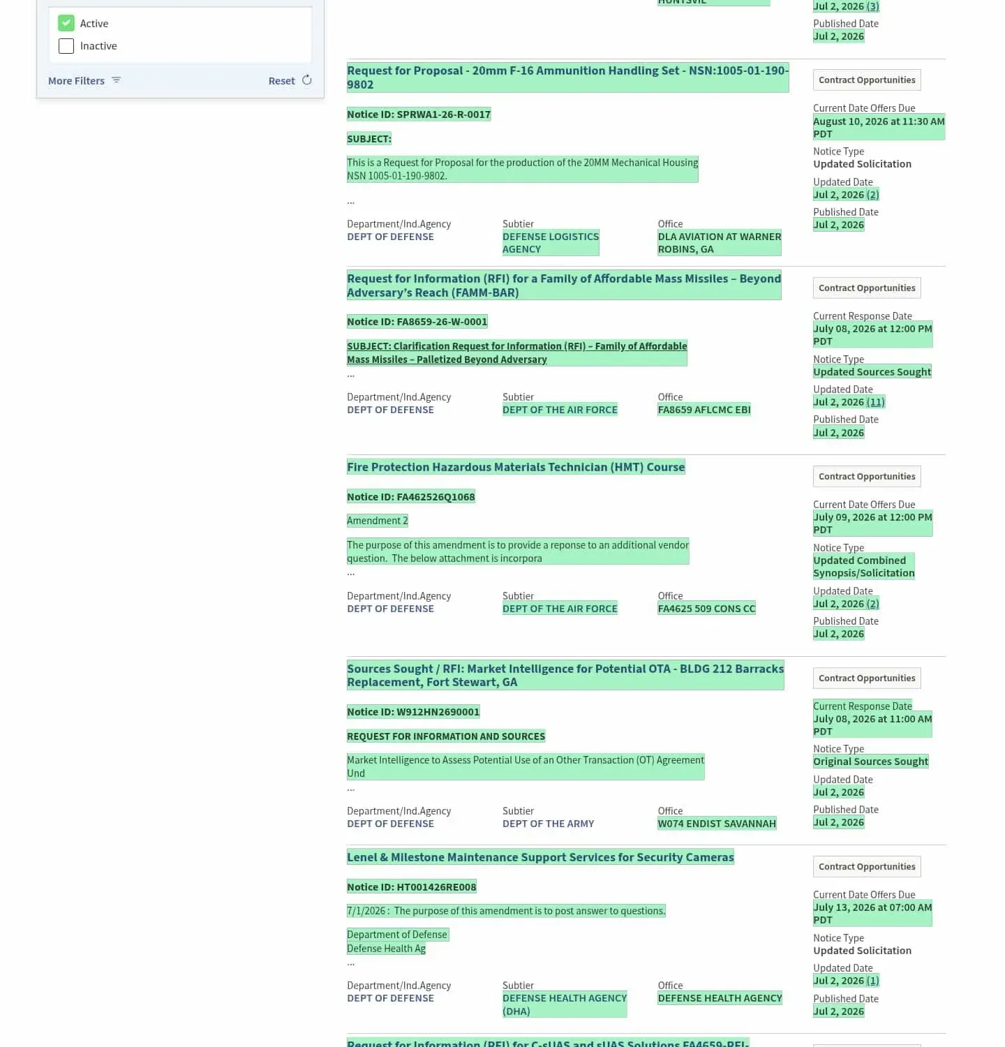 A Visualping diff of a SAM.gov keyword search with newly detected notices highlighted in green