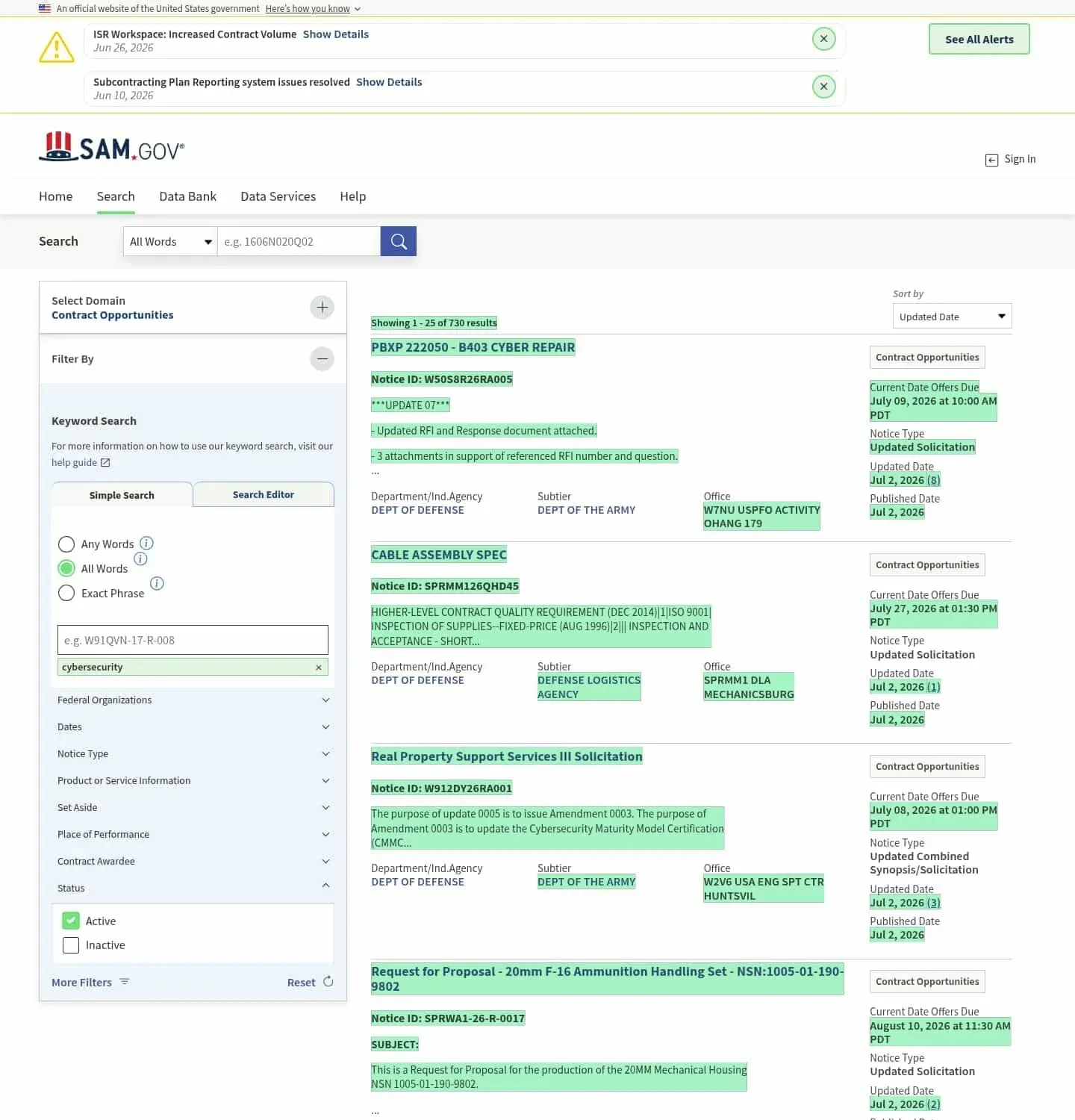 Visualping diff of a SAM.gov keyword search with new contract opportunity notices highlighted