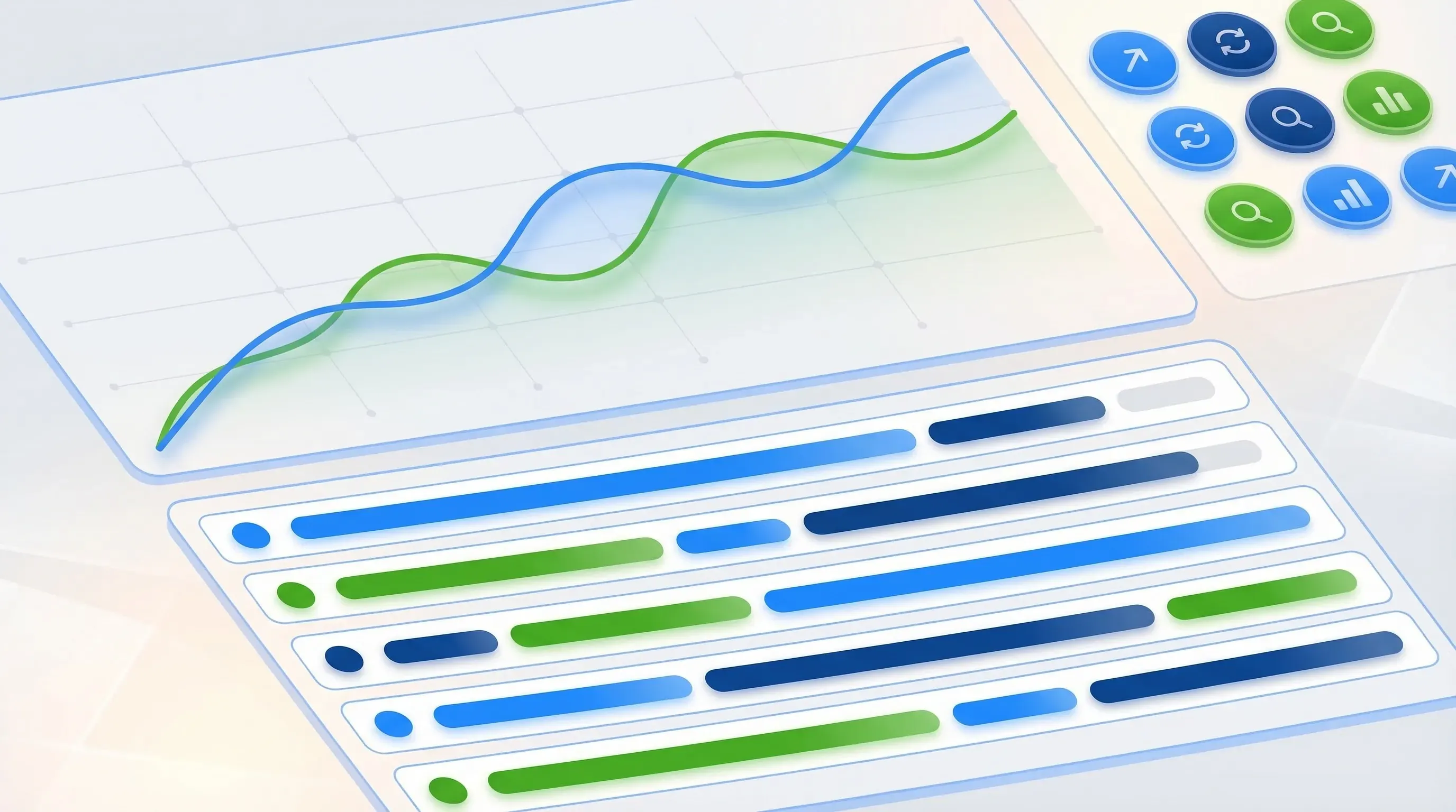 Search performance dashboard with clicks impressions and position trend lines