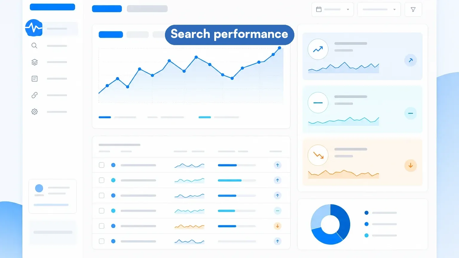 Search performance dashboard with click impression and position trend panels