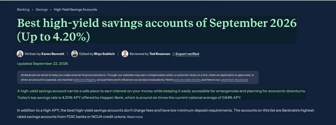Visualping diff of the Bankrate savings rates page with the changed H1, updated date and intro highlighted