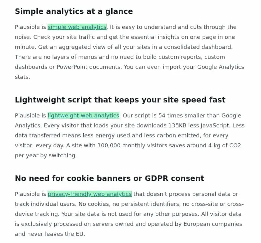 Visualping diff of Plausible's homepage with the phrases changed to "web analytics" highlighted in green