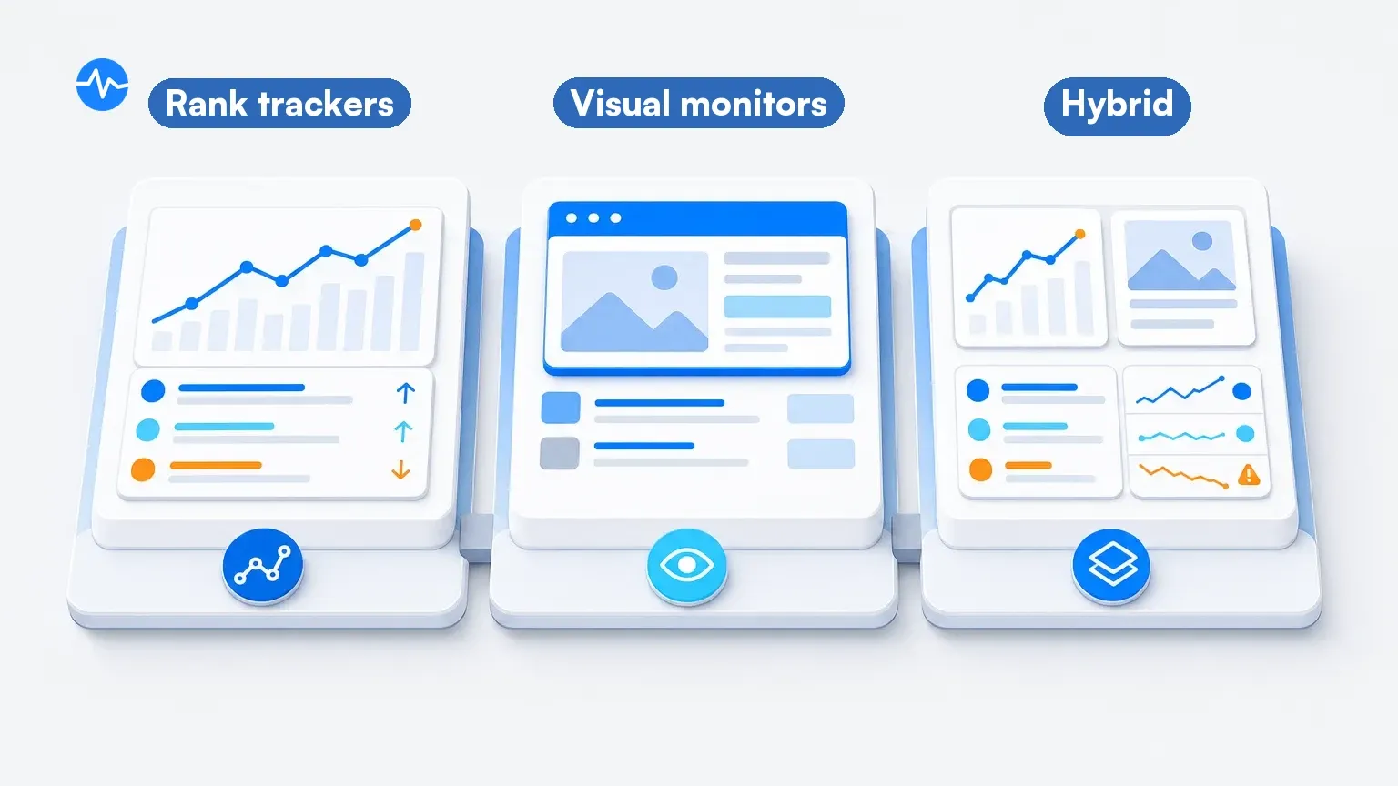 Three SERP monitoring tool categories shown as connected dashboard cards