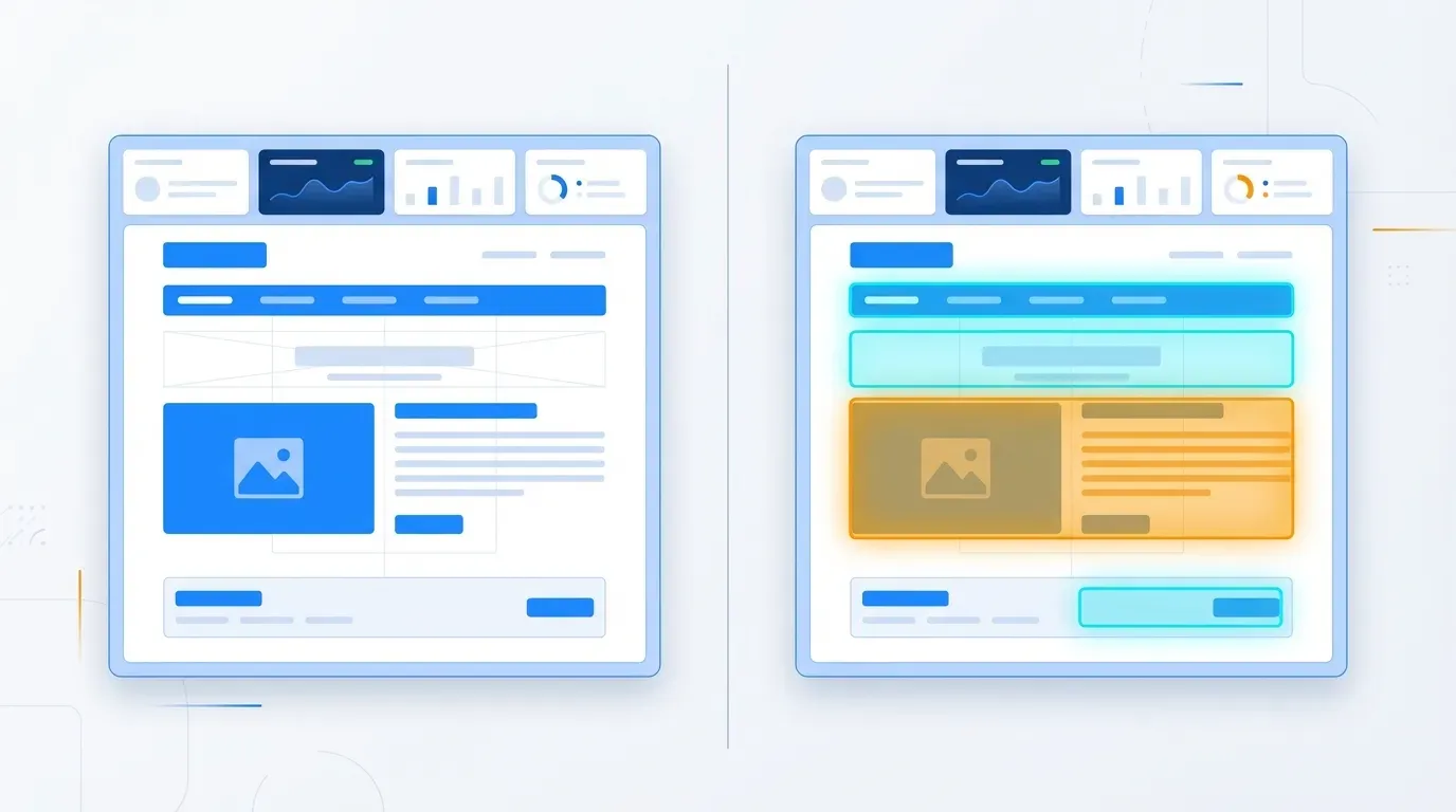 Side-by-side visual comparison of two webpage versions with highlighted changes