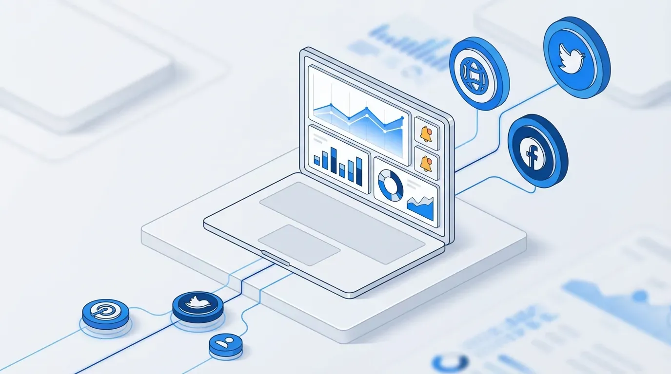 Laptop displaying social media monitoring dashboard with platform icons and notification alerts