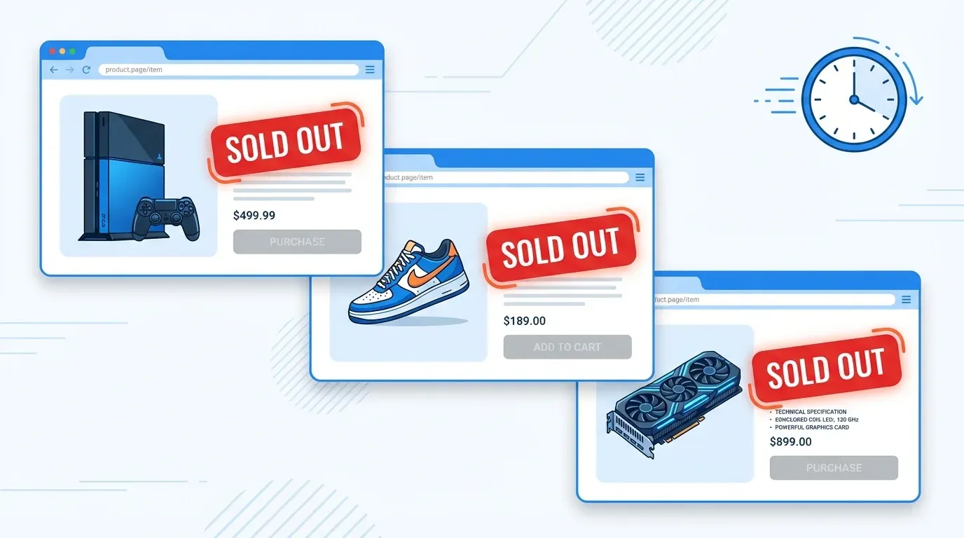 Multiple product pages showing sold out labels across different retail websites