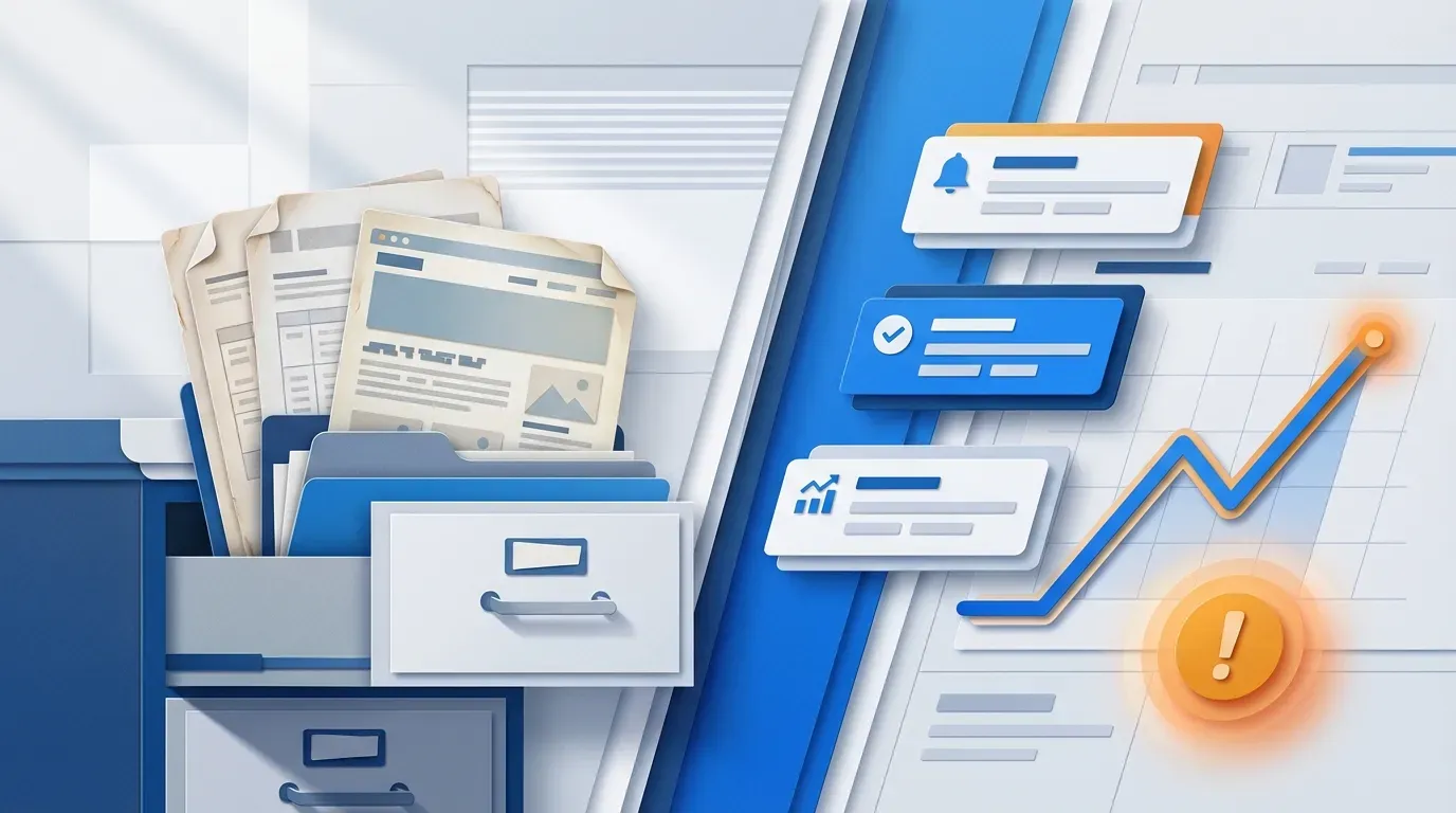 Split comparison of static page archive filing cabinet and live monitoring dashboard