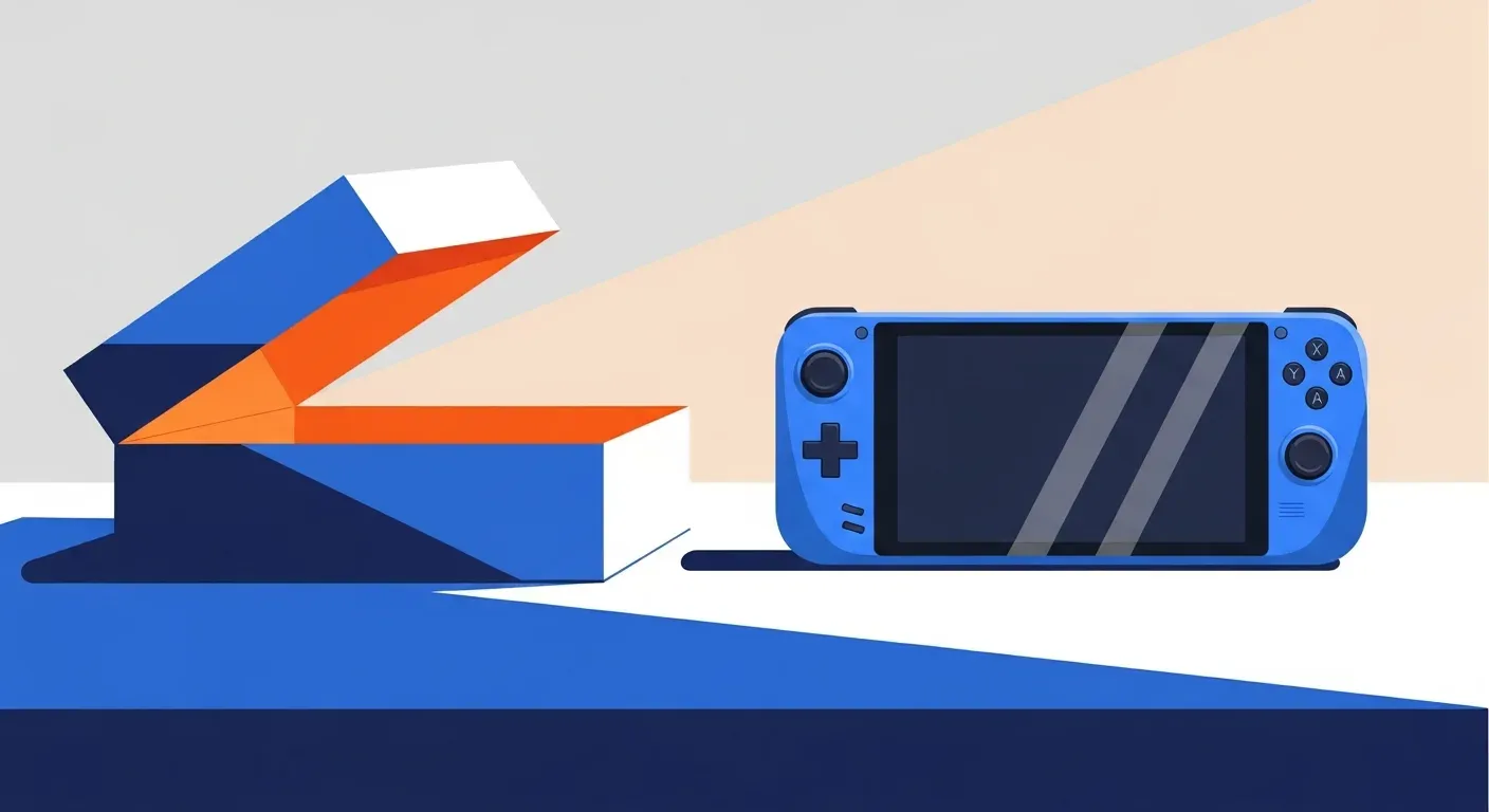 Handheld Steam Deck console on a desk beside an empty retail box conveying an out-of-stock mood