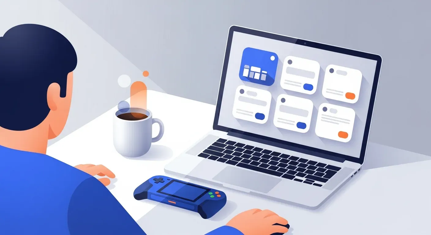 Person at a desk watching a gaming storefront page on a laptop while a handheld console sits nearby