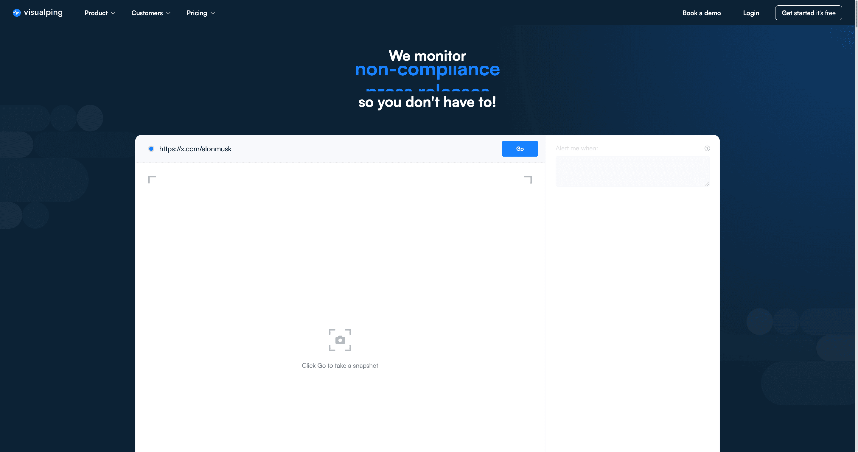 Visualping homepage with an X (Twitter) profile URL pasted into the URL input