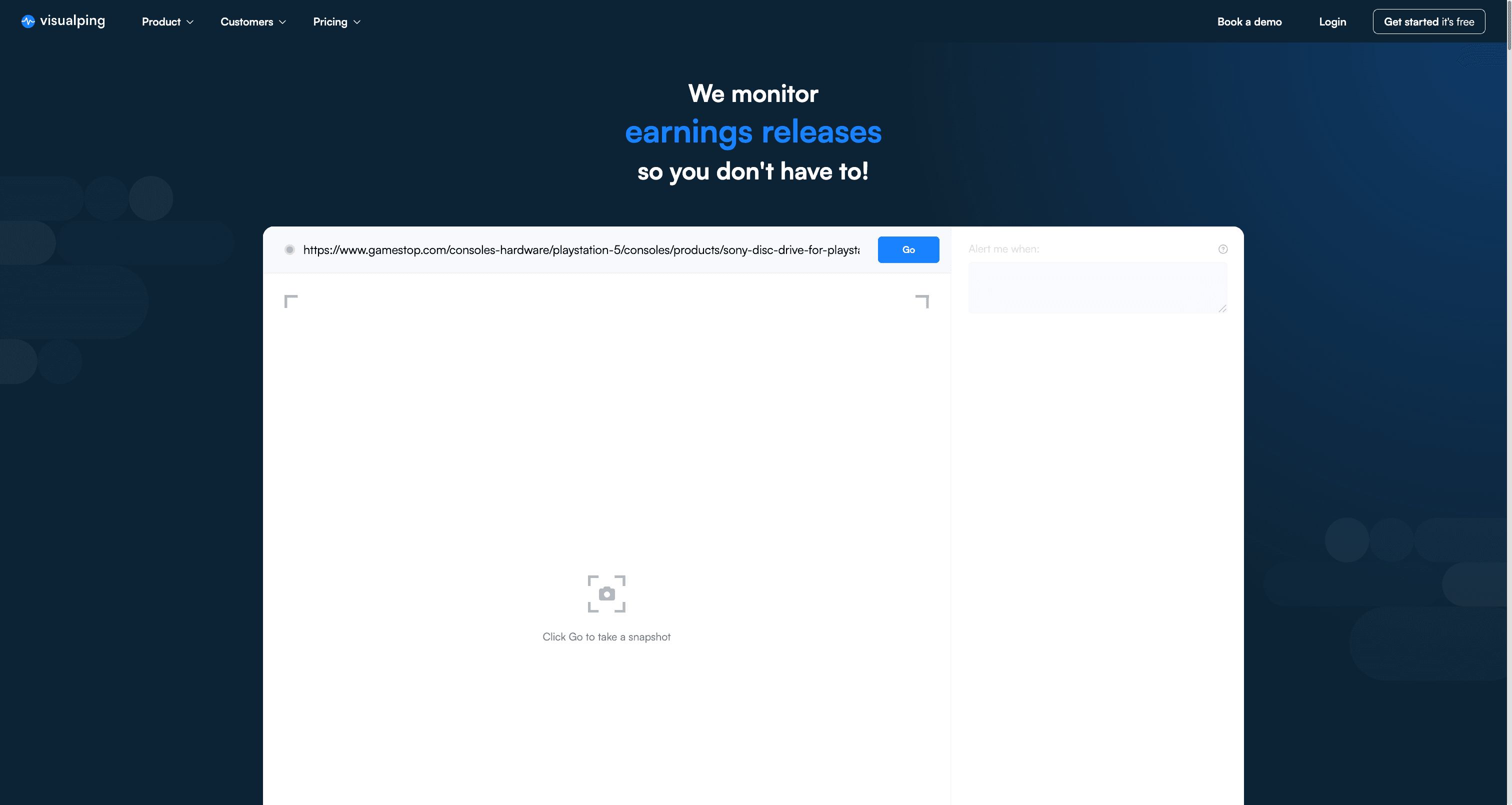 Visualping homepage with a GameStop PlayStation 5 product URL pasted into the URL input
