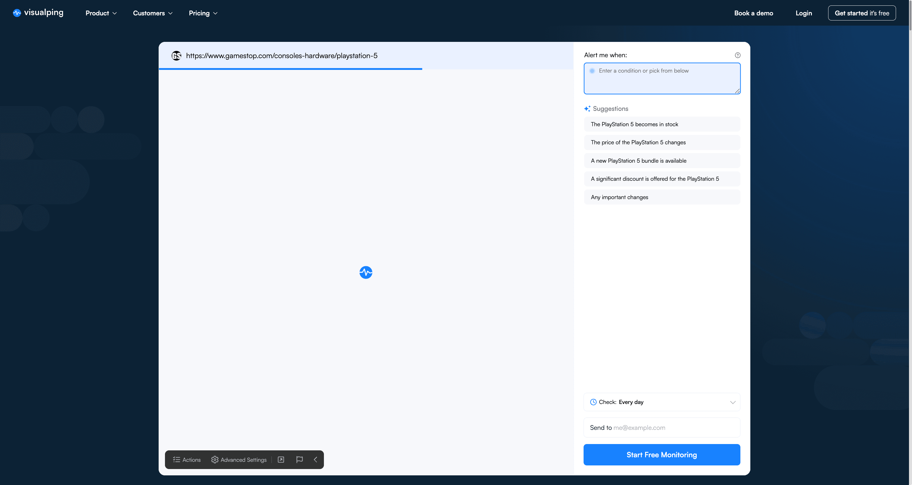 Visualping monitor panel for a GameStop PlayStation 5 category page showing AI-generated alert suggestions including "The PlayStation 5 becomes in stock" and "A new PlayStation 5 bundle is available"