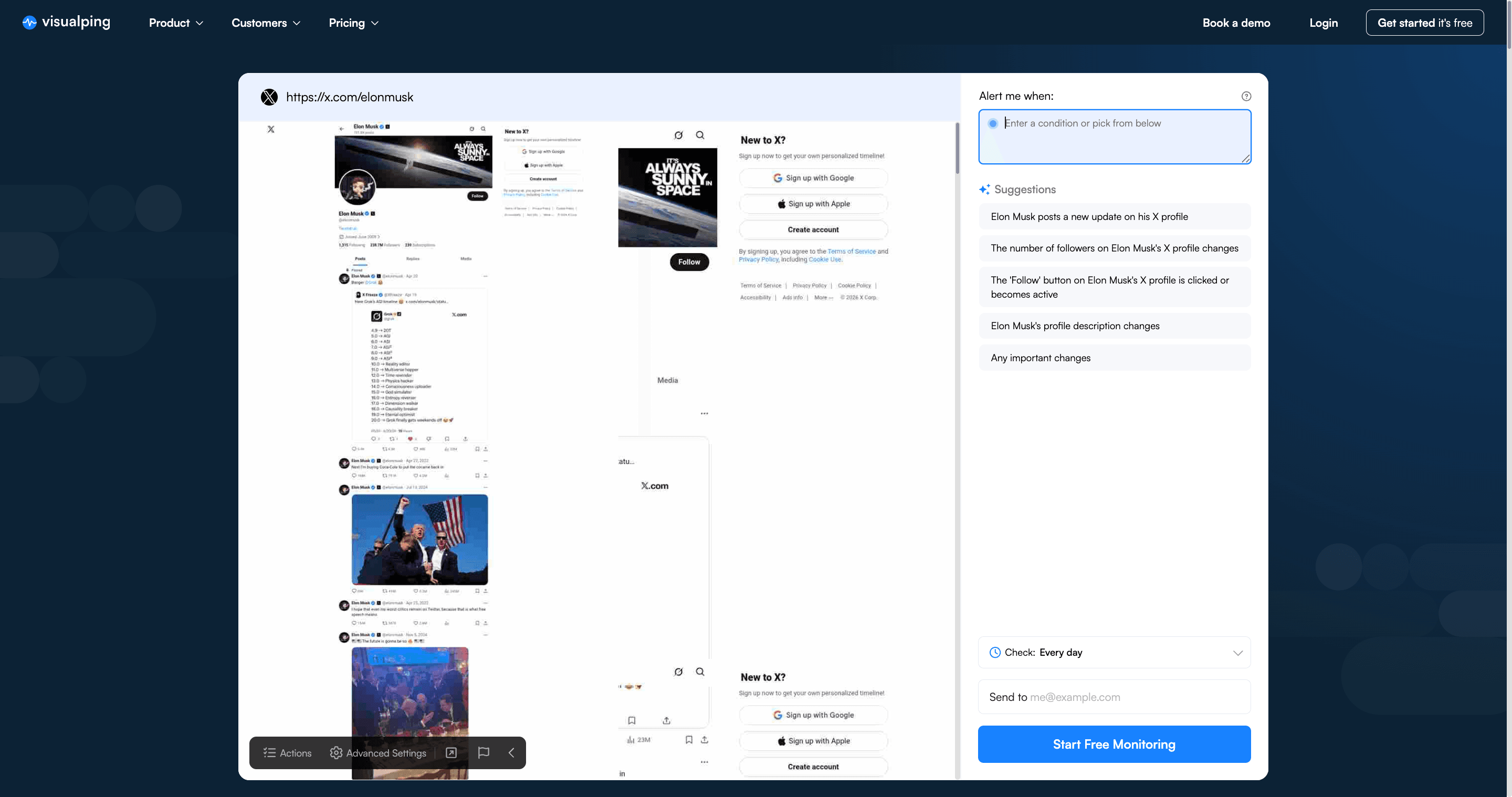 Visualping showing a live snapshot of the @elonmusk X profile page with AI-generated condition suggestions