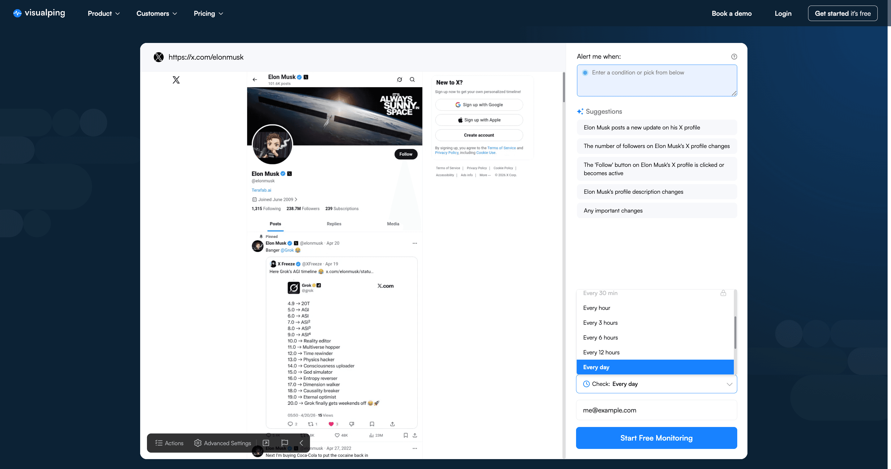 Email address entered on the Visualping X profile monitor, ready to start free monitoring