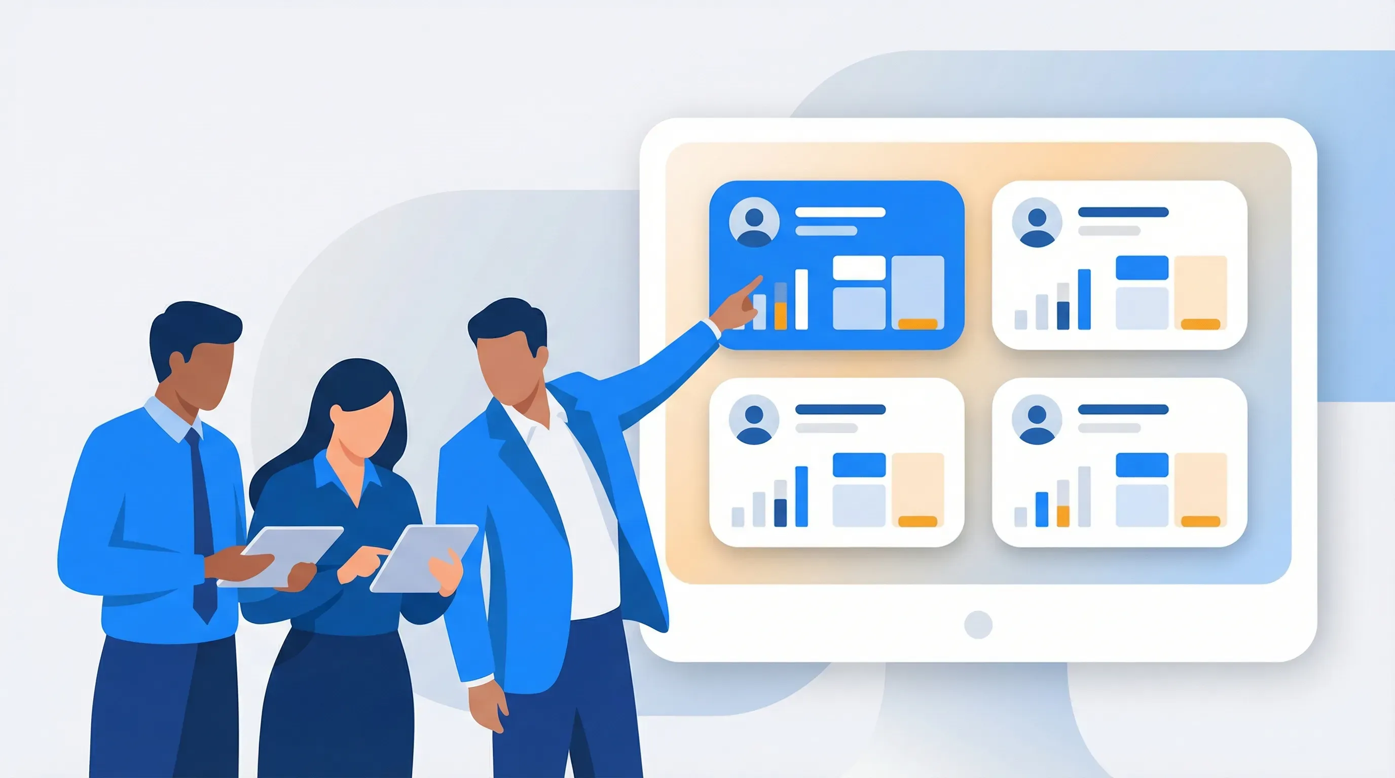 Business team analyzing competitor profiles and market data visualizations on screen
