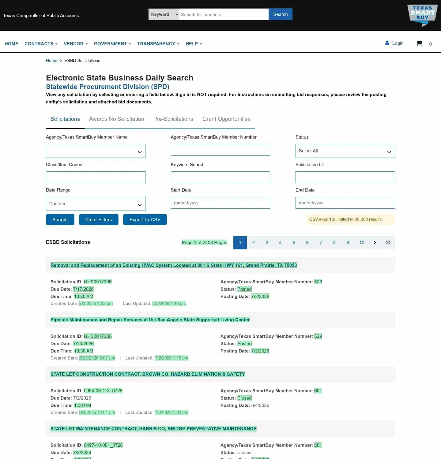 Visualping diff of the Texas ESBD portal with newly posted solicitations highlighted in green