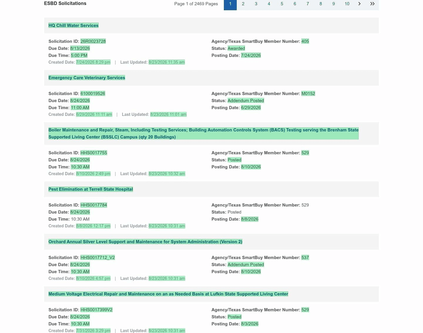 Visualping before-and-after diff of the Texas ESBD solicitations page, August 23, 2026, with new and updated solicitation rows highlighted in green