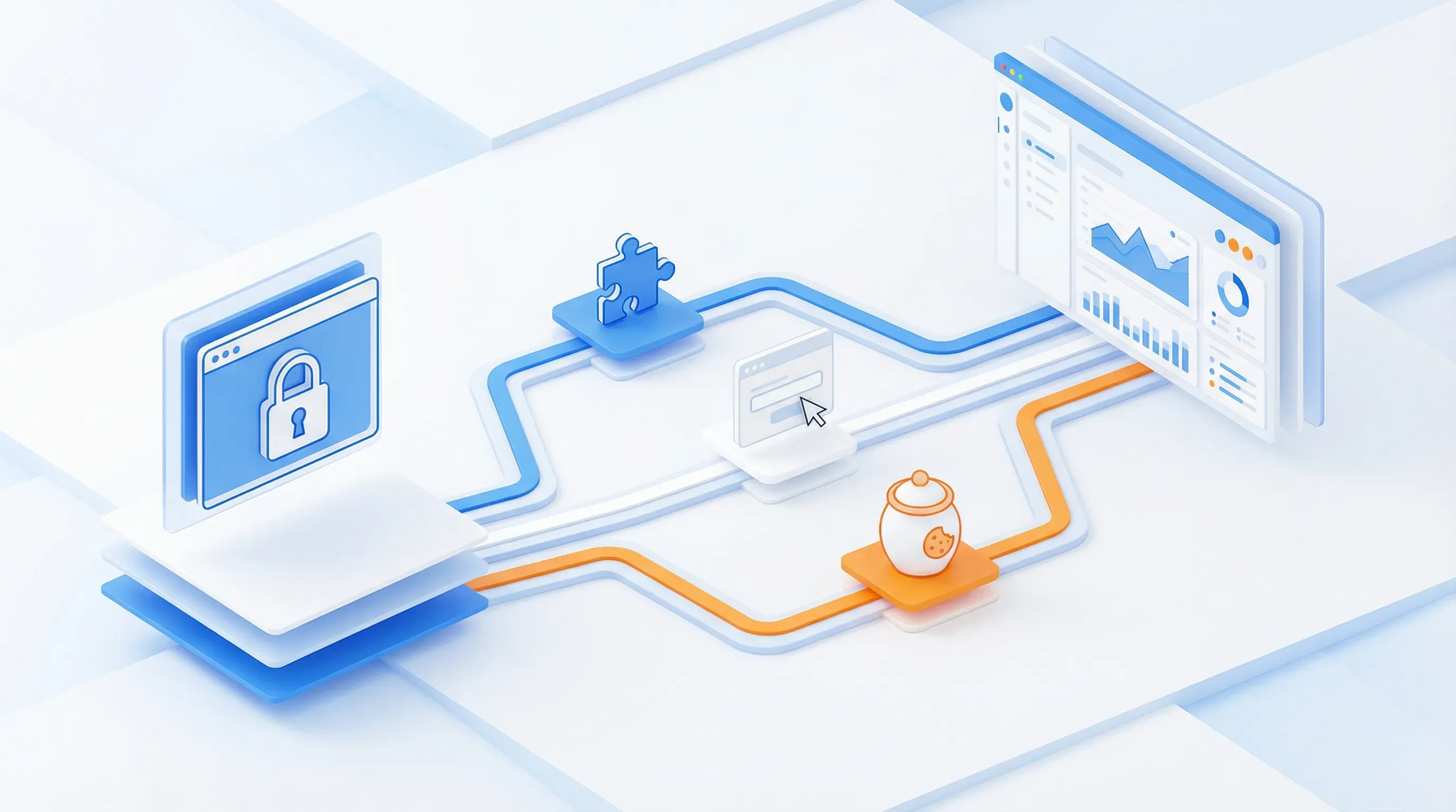 Two monitoring paths from locked webpage to dashboard: browser extension and element selector