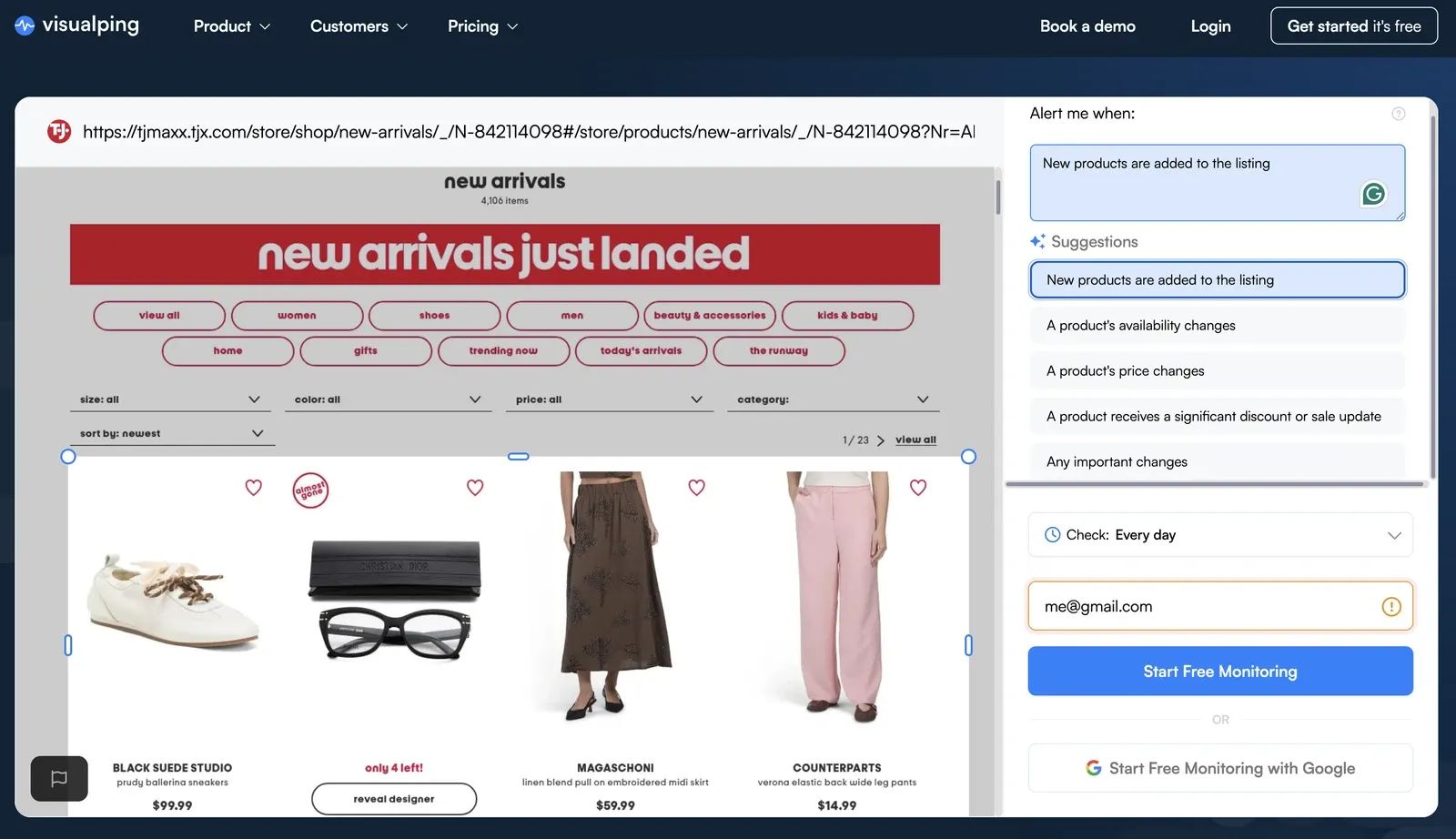 Visualping editor monitoring a TJ Maxx New Arrivals page with the product grid selected