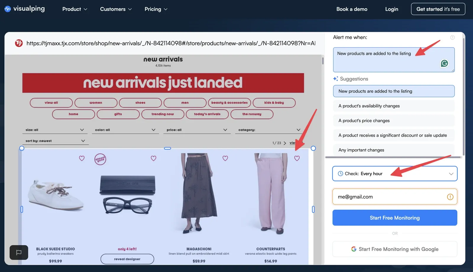 Setting the alert rule and hourly check frequency for TJ Maxx restock alerts in Visualping