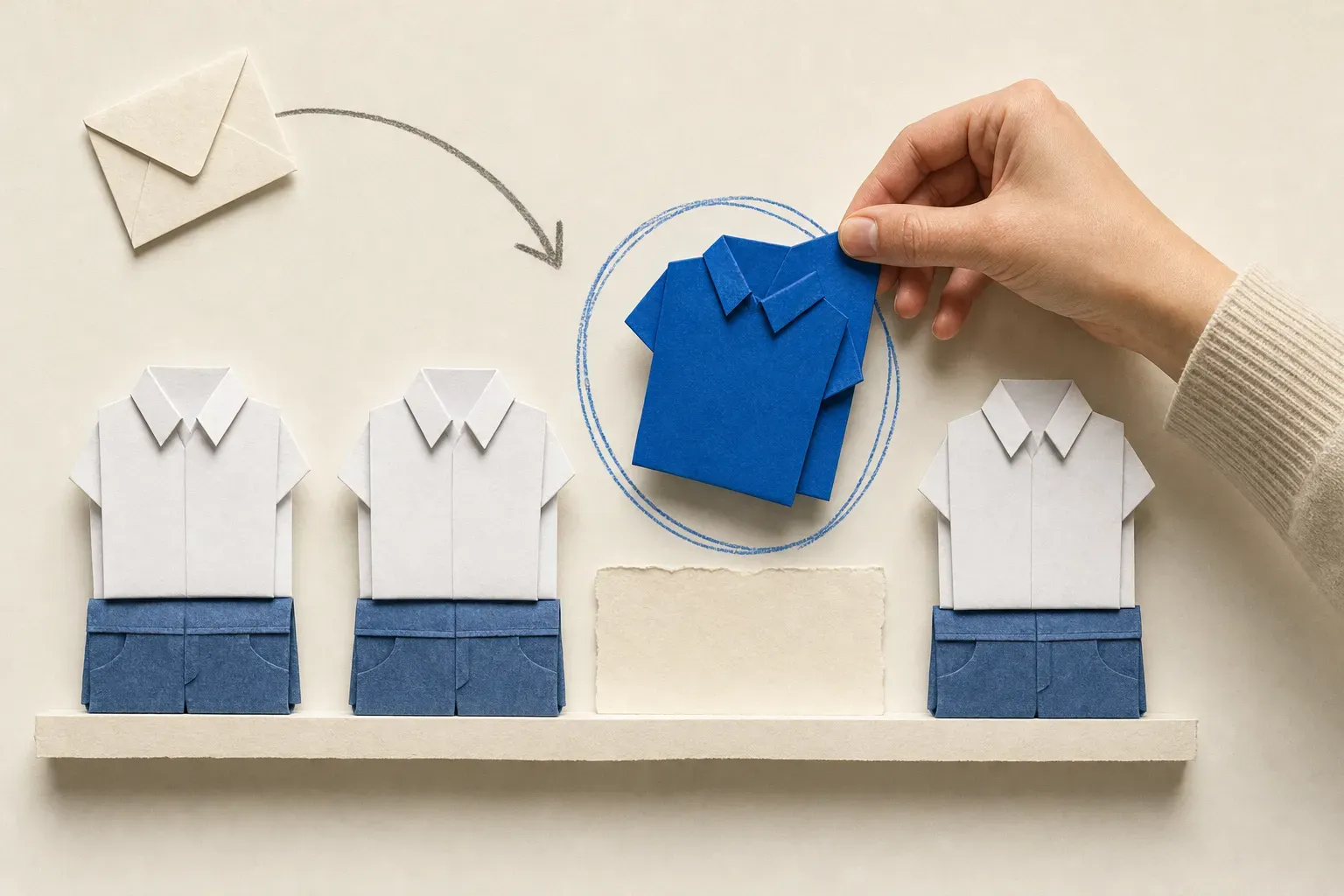 Paper collage of folded clothing, a hand holding a circled blue shirt, and an envelope with an arrow
