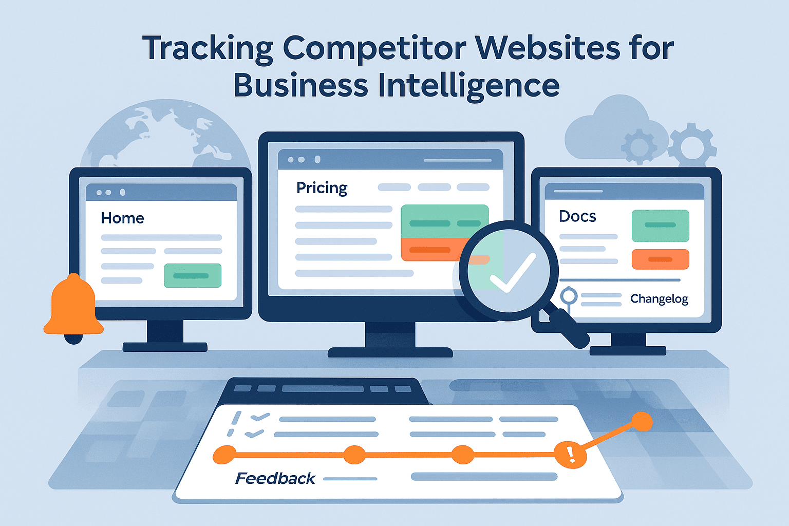 Multi-screen setup tracking competitor sites—Home, Pricing, Docs—with alerts, magnifier, and changelog timeline.