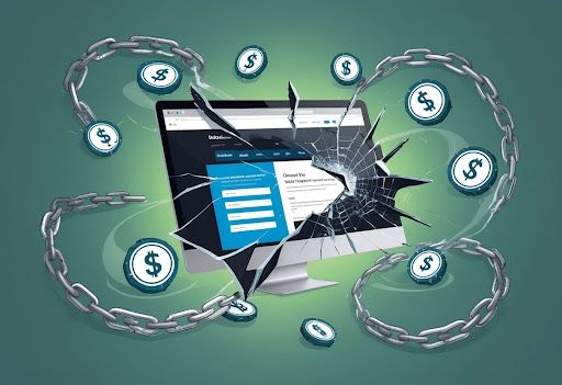 A website with a cracked and shattered interface, surrounded by swirling dollar signs and broken chains