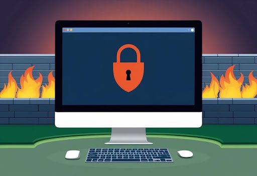 A computer screen with a lock icon and shield, surrounded by a wall of fire and a moat