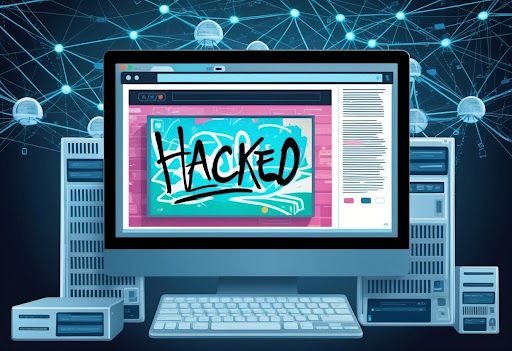 A computer screen displaying a hacked website with graffiti-like defacement, surrounded by a web of interconnected devices and servers