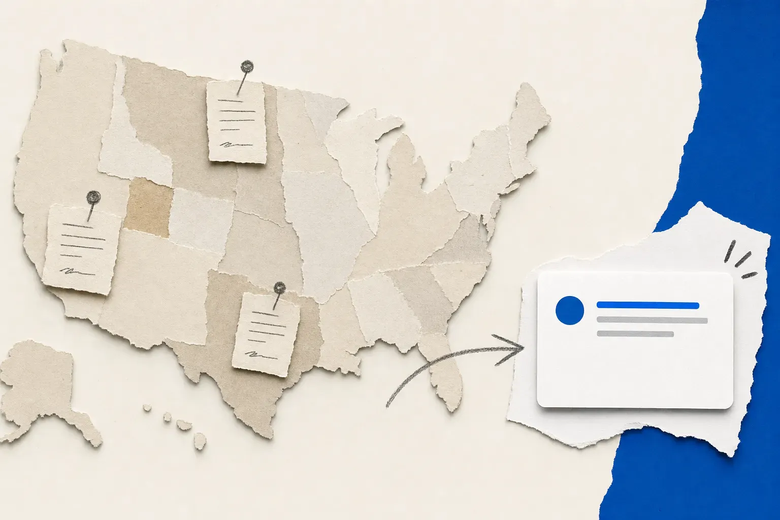 United States map collage with contract documents pinned to states and one award alert email