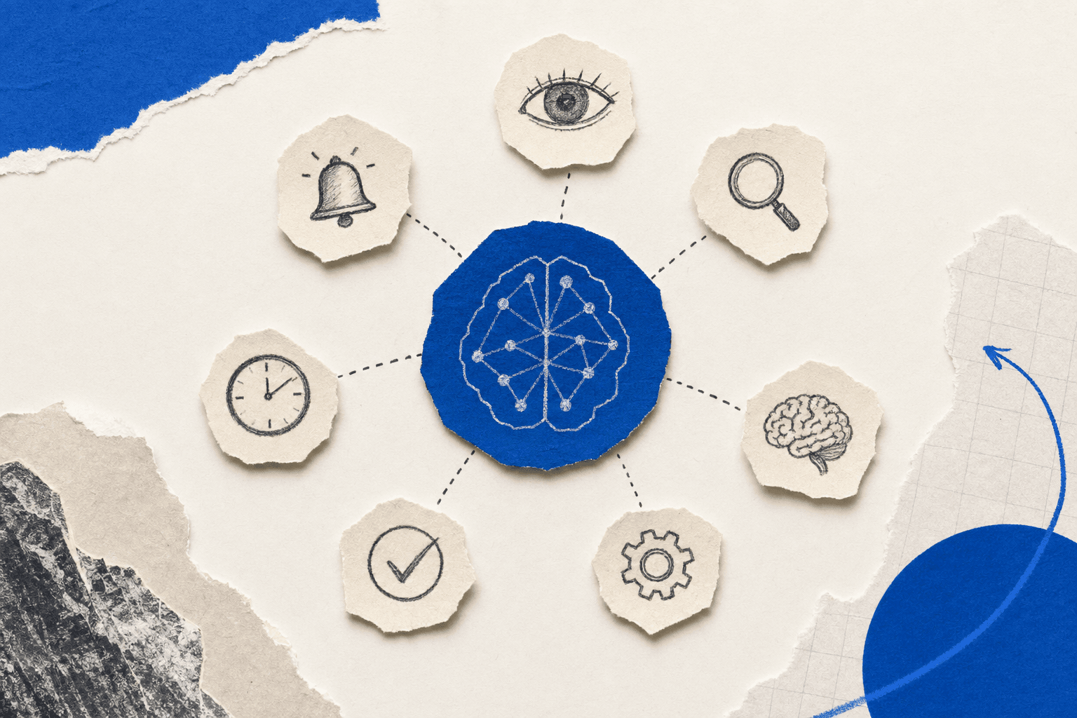 Seven AI website monitoring tool icons arranged around a central alert hub