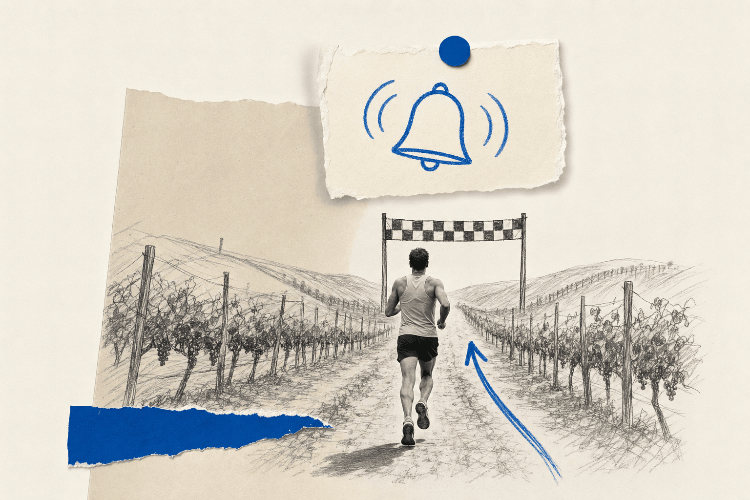 Lone runner approaching vineyard finish line with a glowing alert notification above