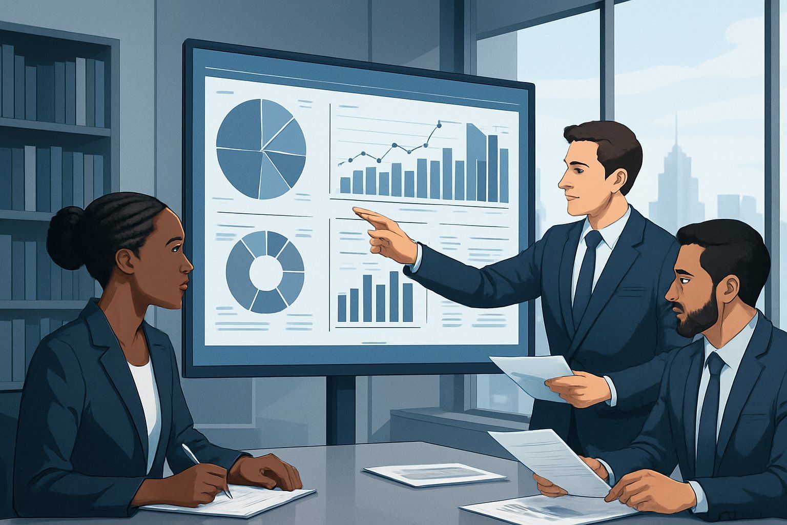 A group of business professionals collaborating around a digital screen with charts and data in a modern office.