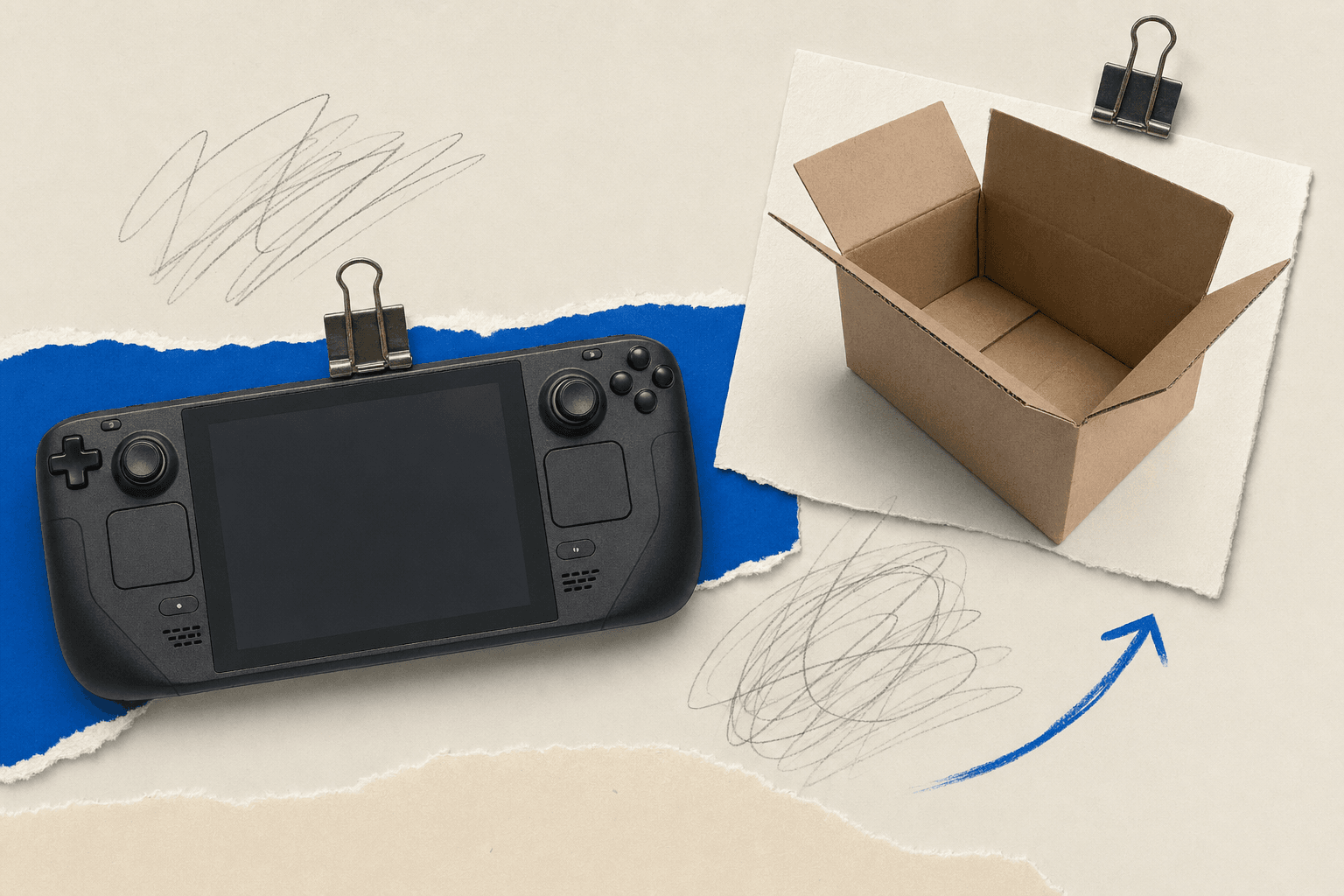 Handheld Steam Deck console on a desk beside an empty retail box conveying an out-of-stock mood