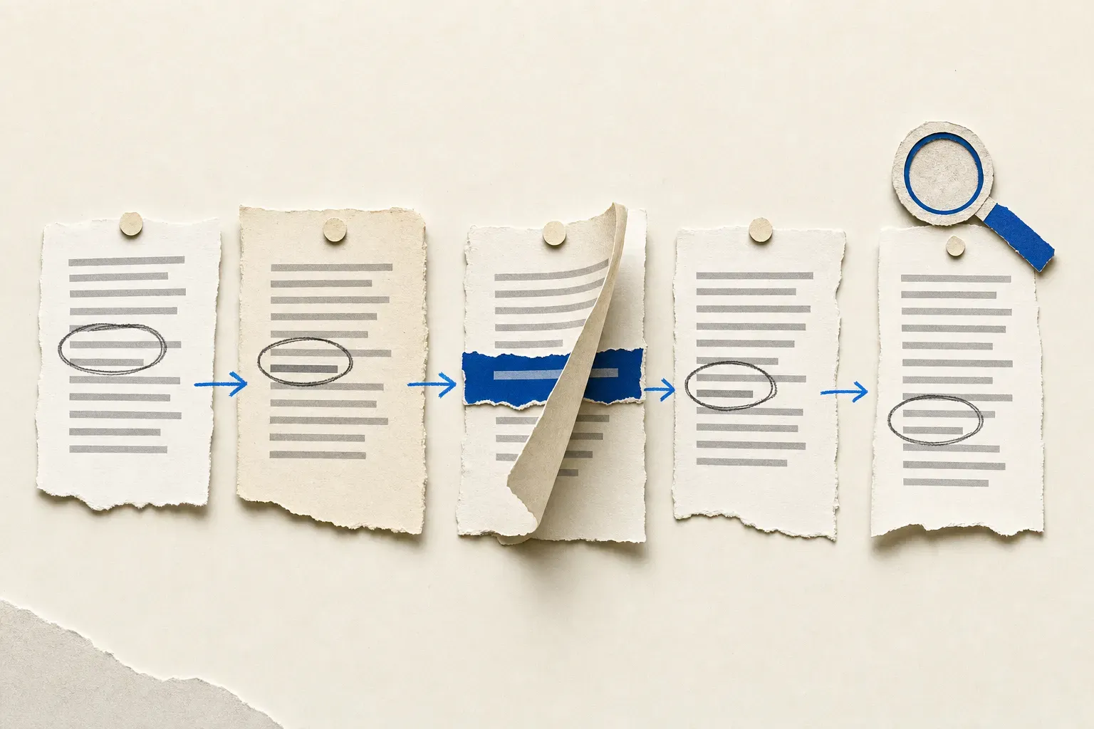 Timeline of vendor policy changes shown as layered paper documents with revision marks