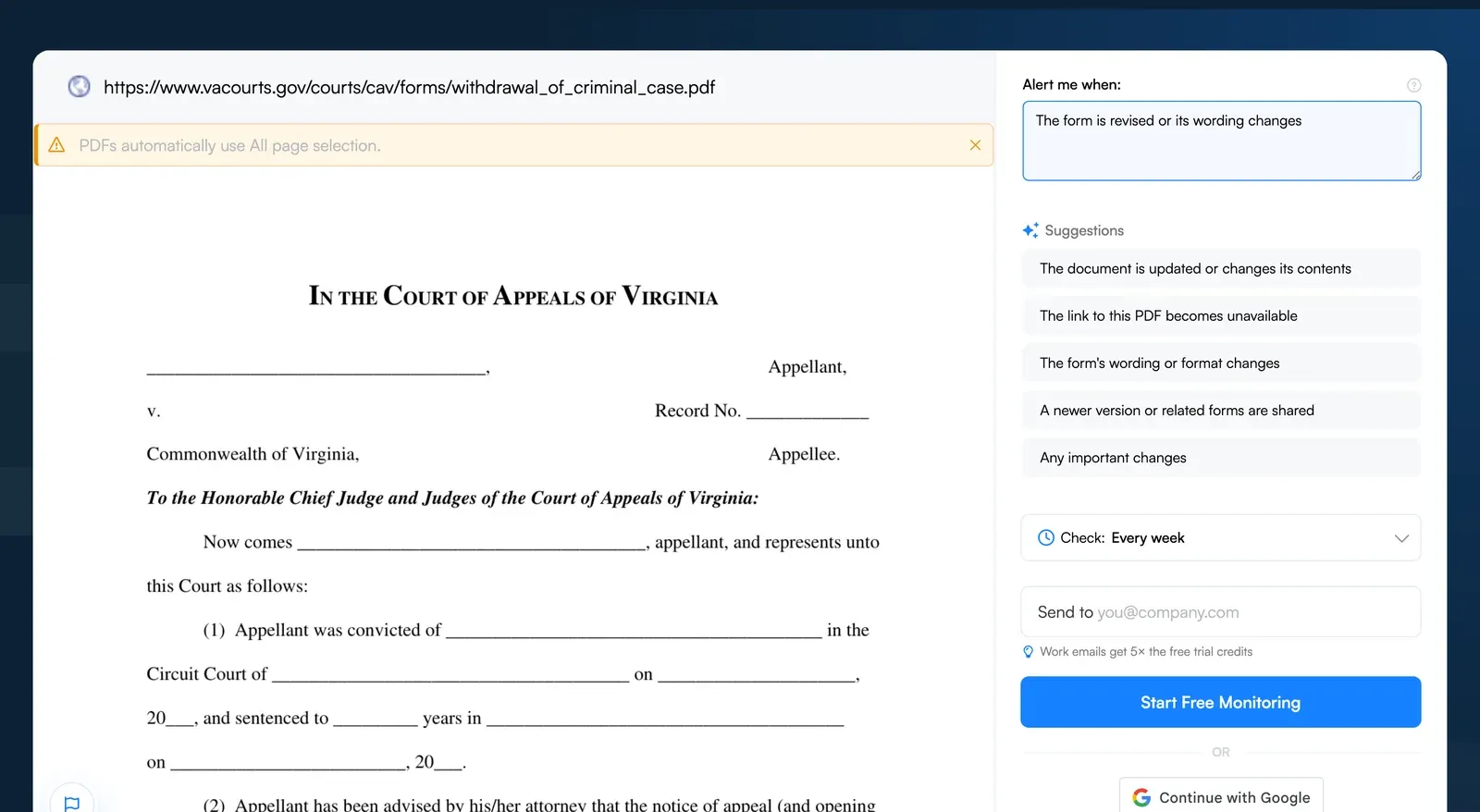 Visualping job creator with a Virginia Court of Appeals form PDF set to check every week