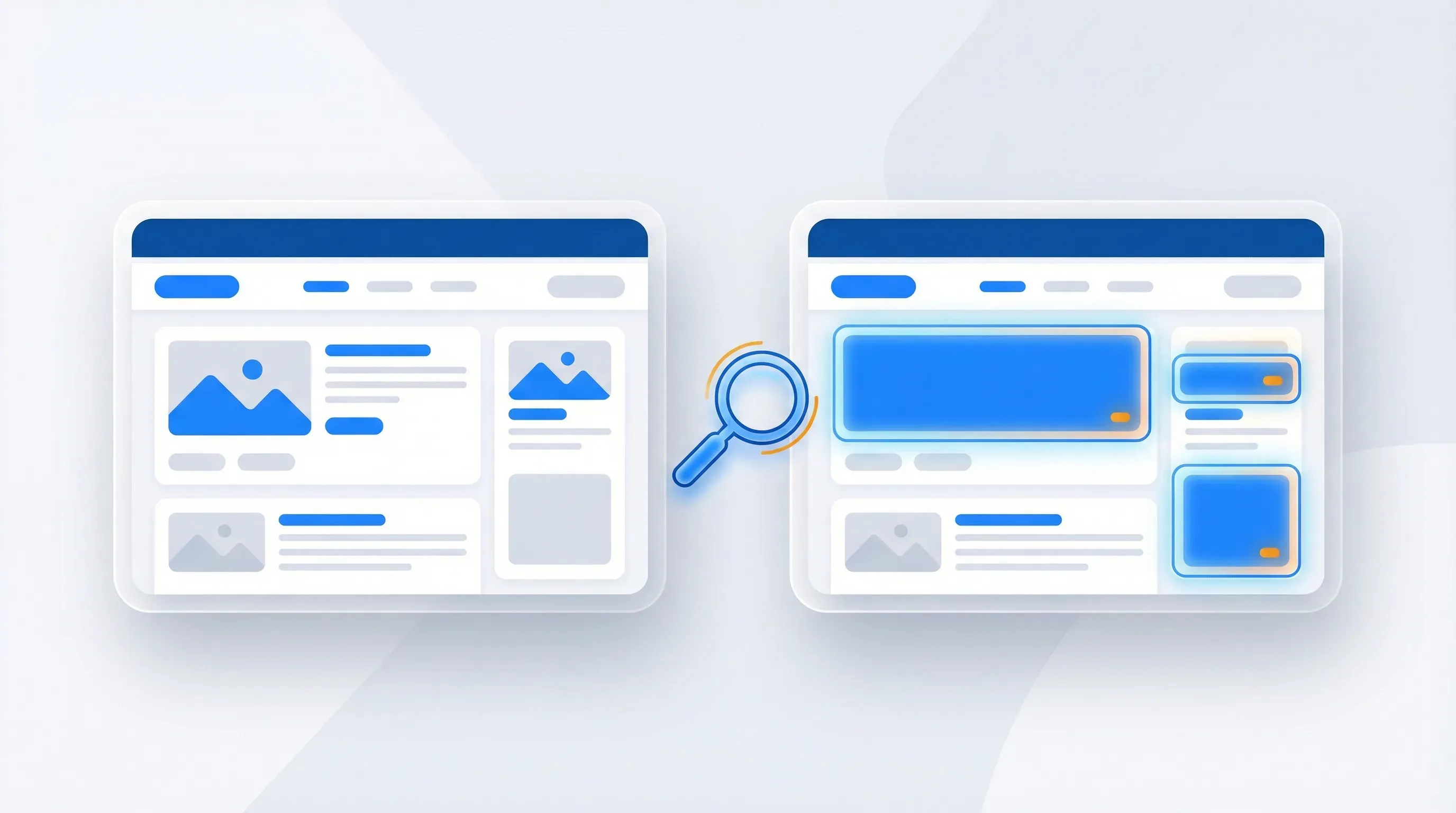 Side-by-side website screenshots highlighting detected visual changes in blue