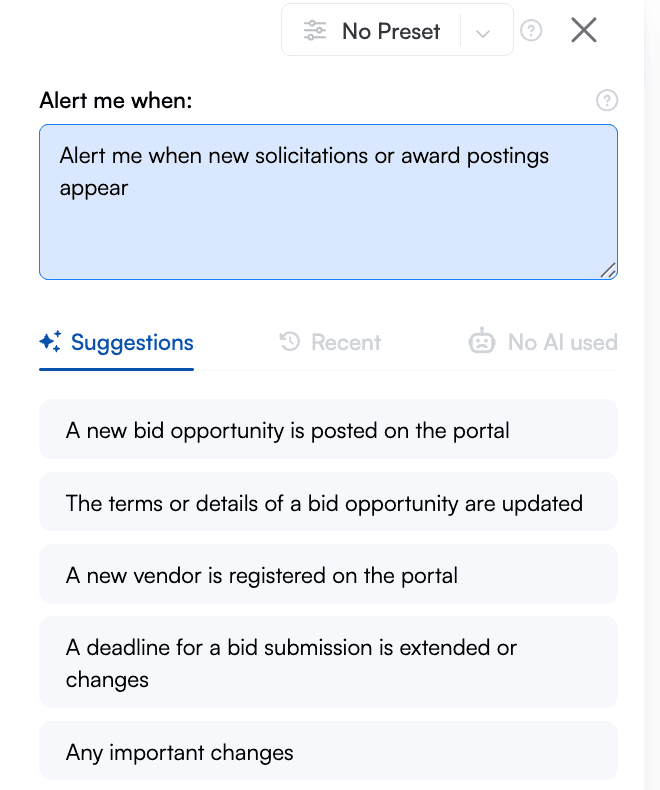 The Alert me when field on a live Visualping RFP monitor, showing the prompt "Alert me when new solicitations or award postings appear" above AI-suggested alert conditions for bid opportunities
