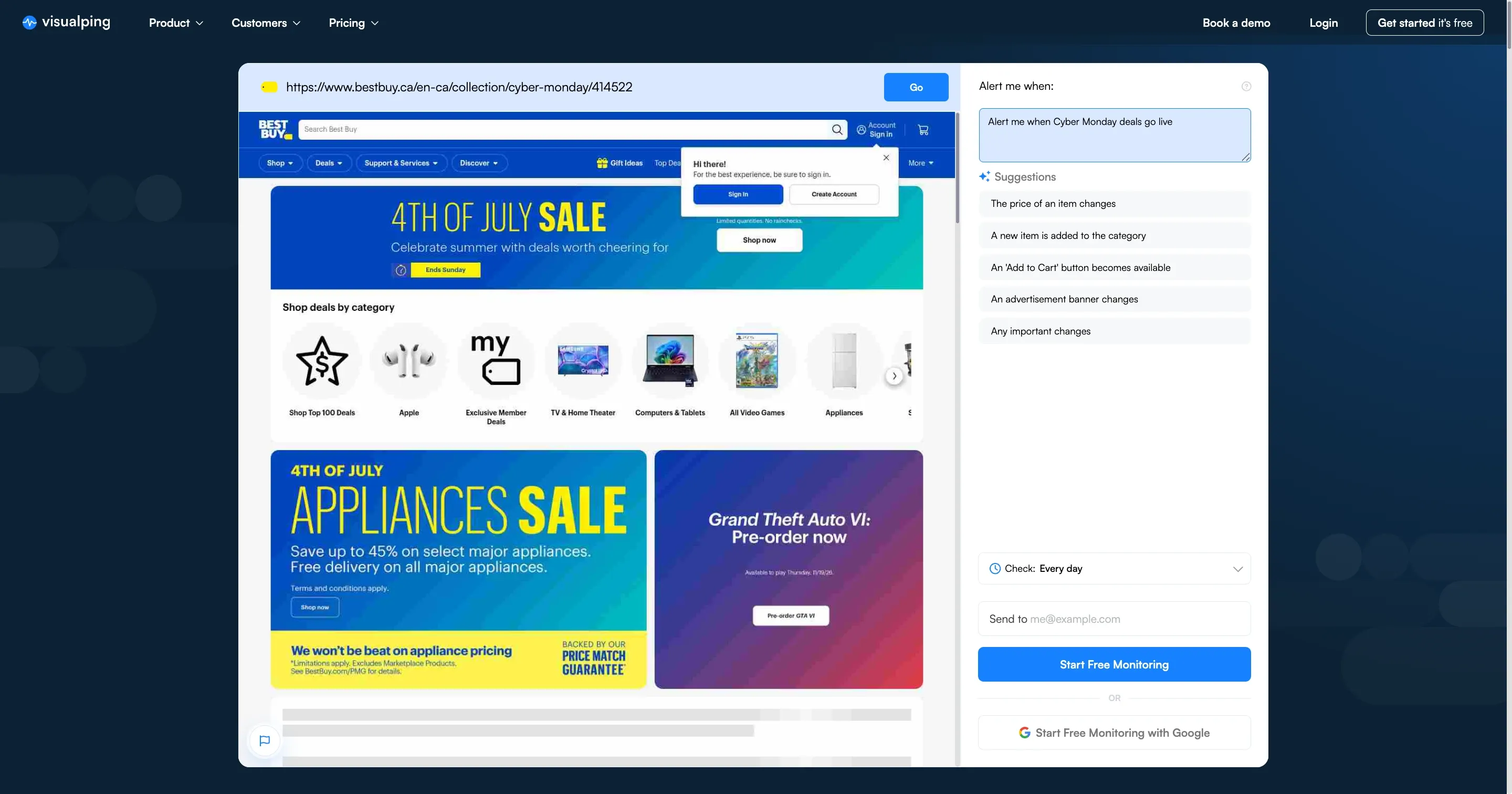 Visualping monitoring a Best Buy deals page with an Alert me when Cyber Monday prompt